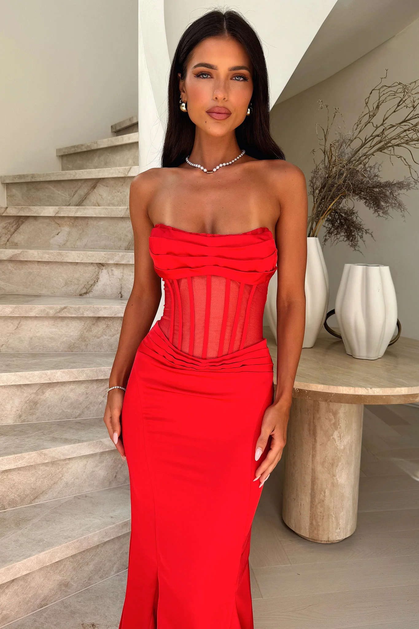 Aderyn Satin Corset Maxi Dress - Red - Image 2