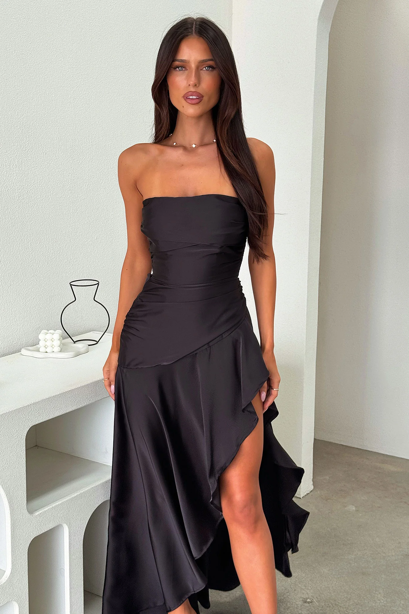 Carly Strapless Satin Maxi Dress - Black - Image 4