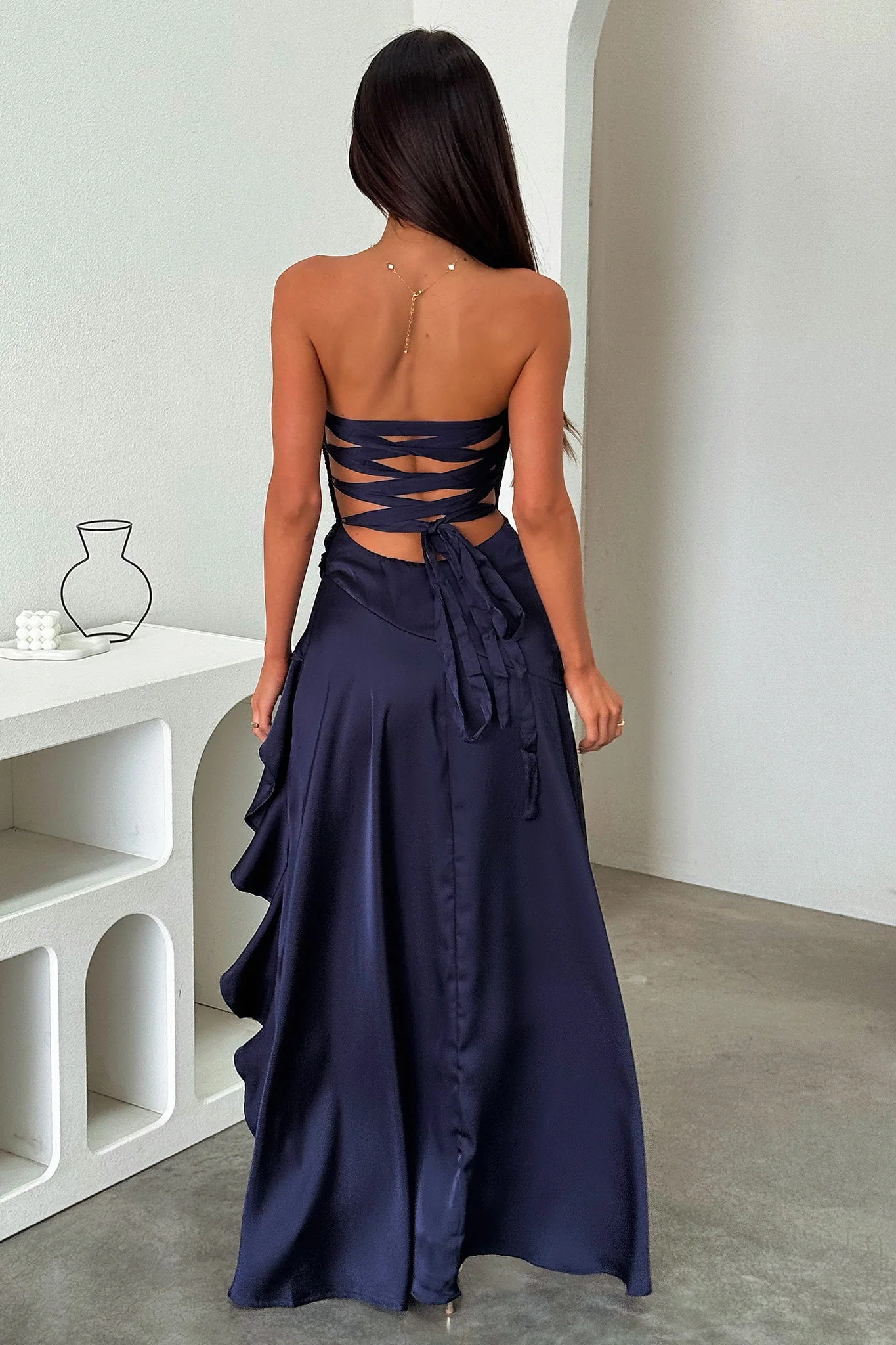 Carly Strapless Satin Maxi Dress - Navy - Image 4