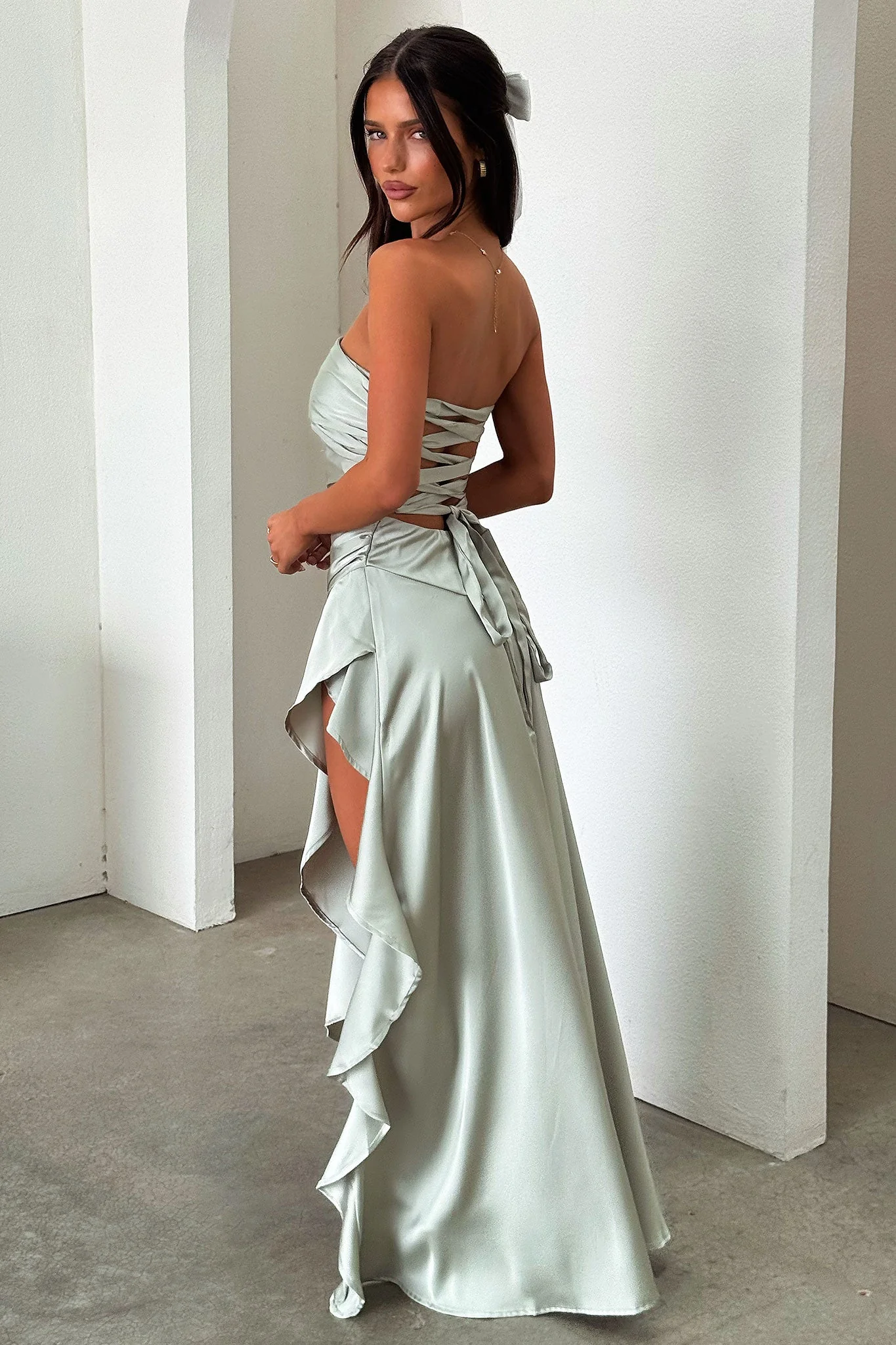Carly Strapless Satin Maxi Dress - Sage - Image 2