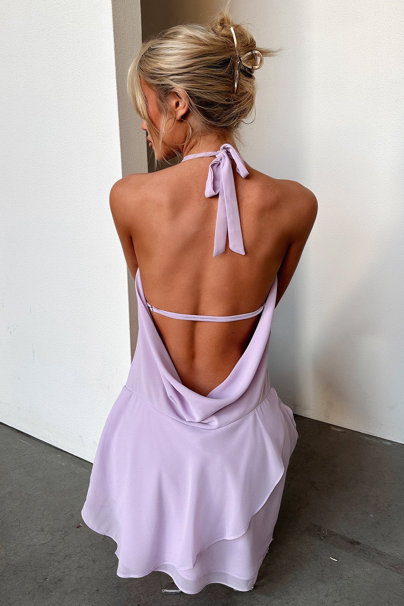 Cleo Plunge Cowl Neck Mini Dress - Lilac - Image 3