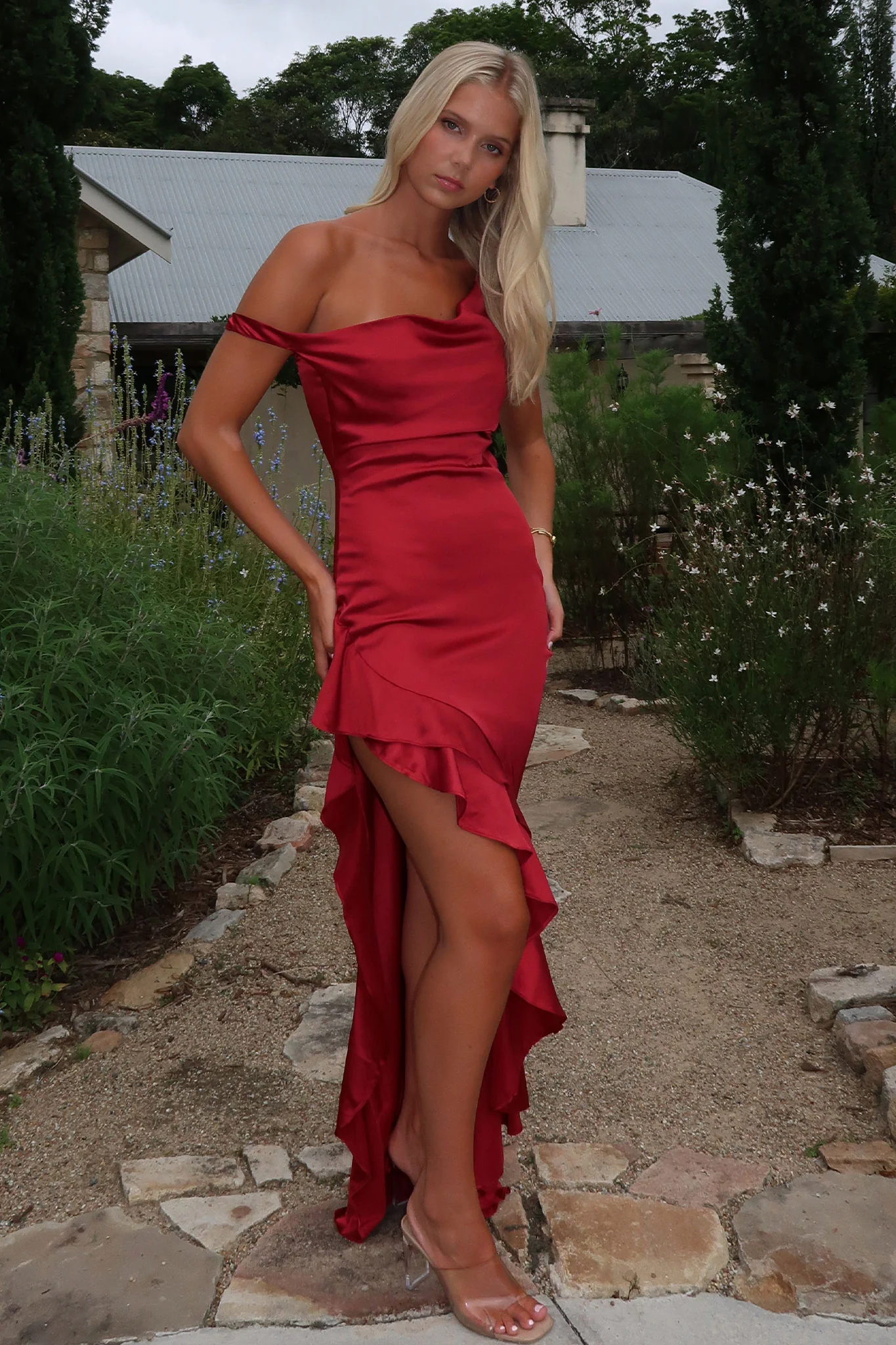 Daenerys Off Shoulder Satin Maxi Dress - Burgundy - Image 2