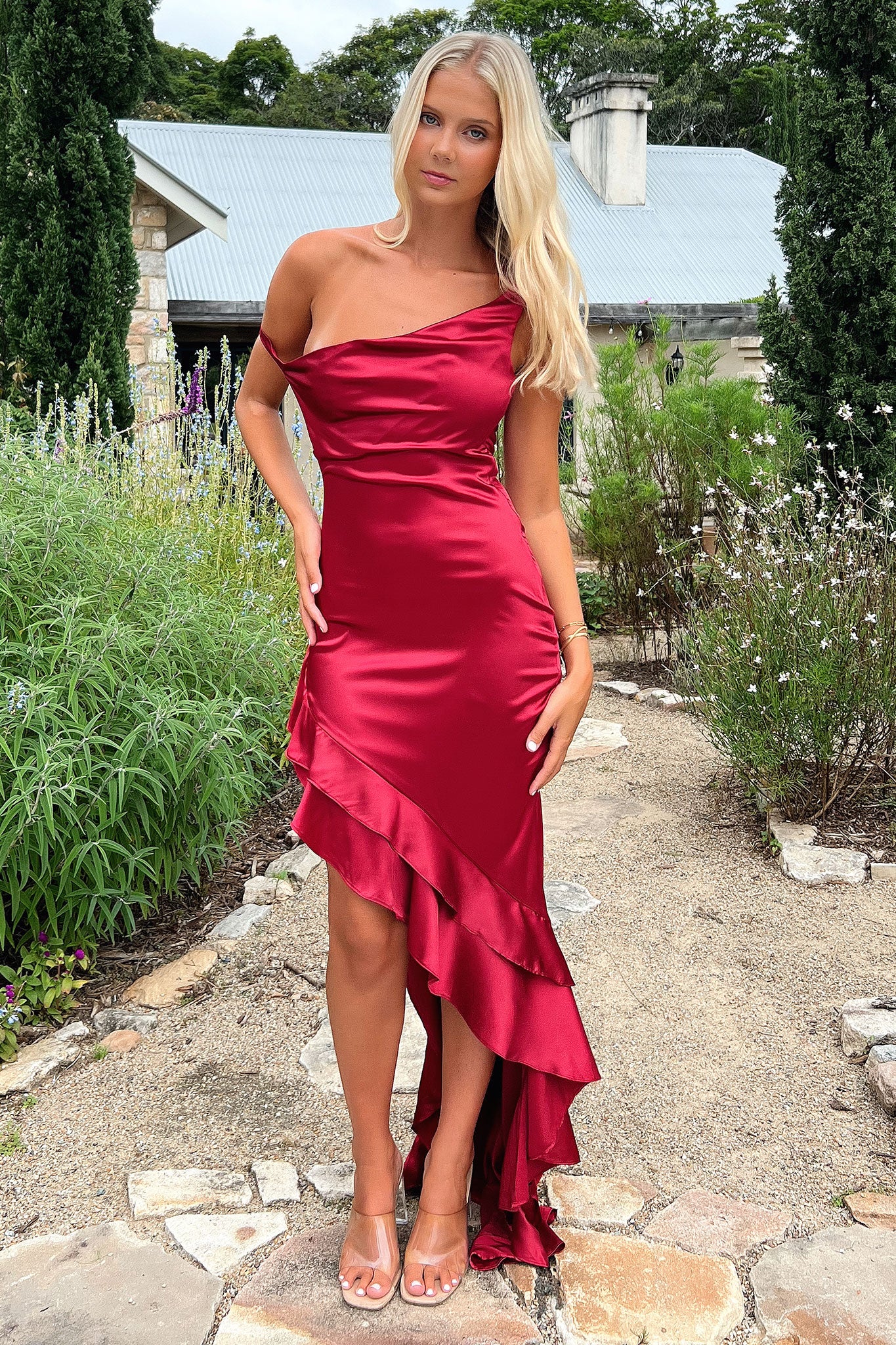 Daenerys Off Shoulder Satin Maxi Dress - Burgundy - Image 4