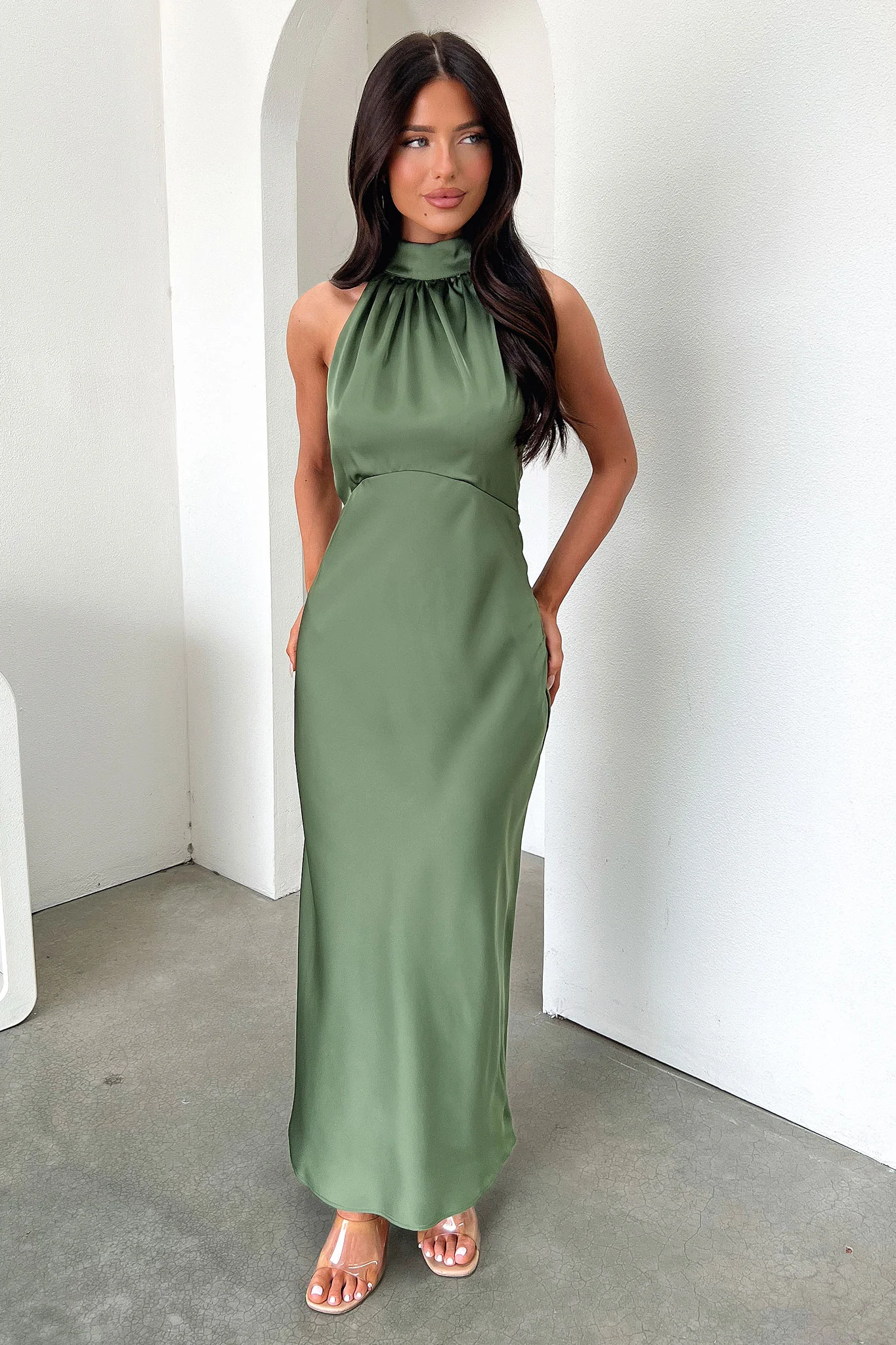 Daphne High Neck Maxi Dress - Olive - Image 3