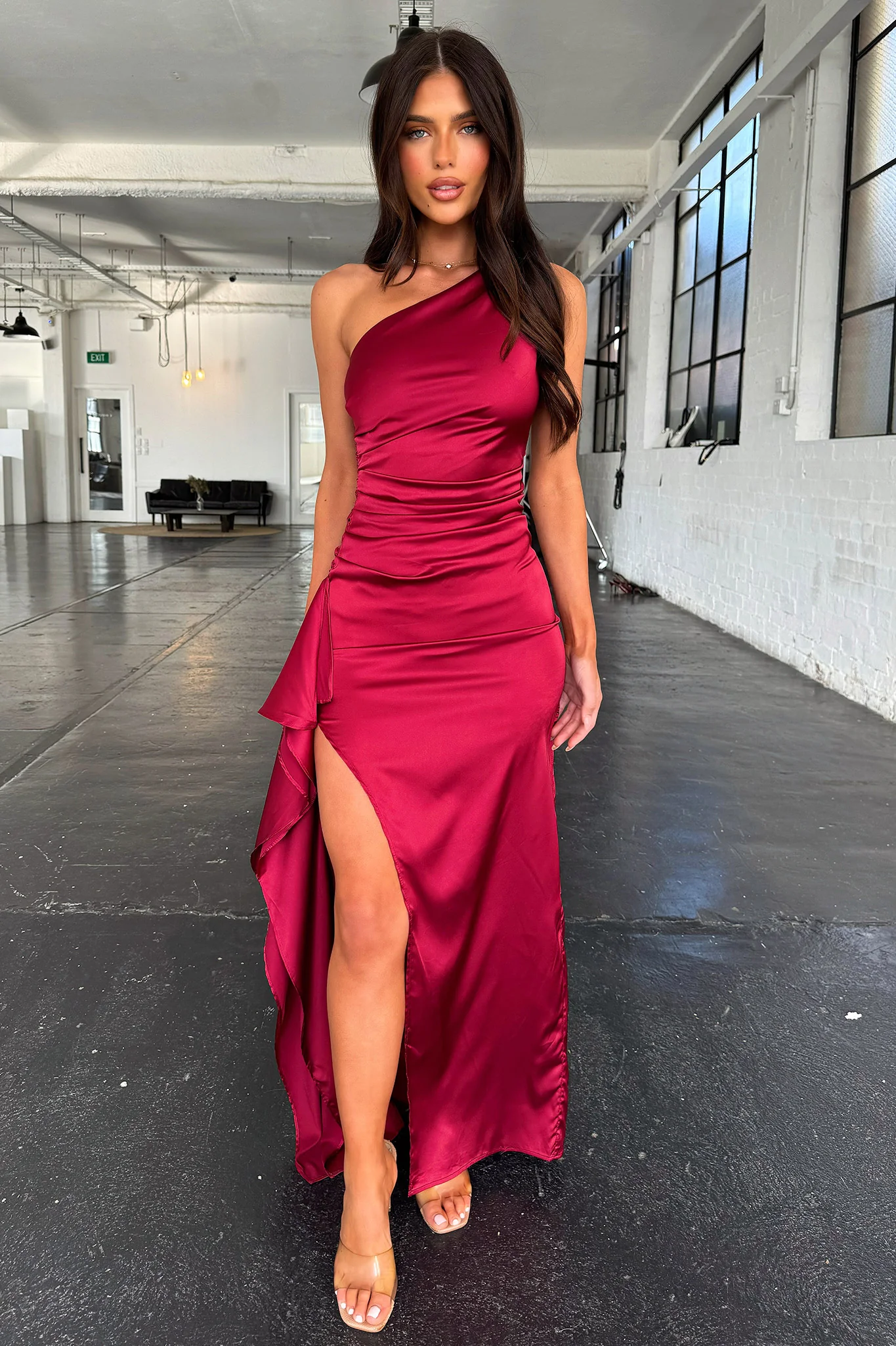 Elianna One Shoulder Satin Maxi Dress - Burgundy - Image 4
