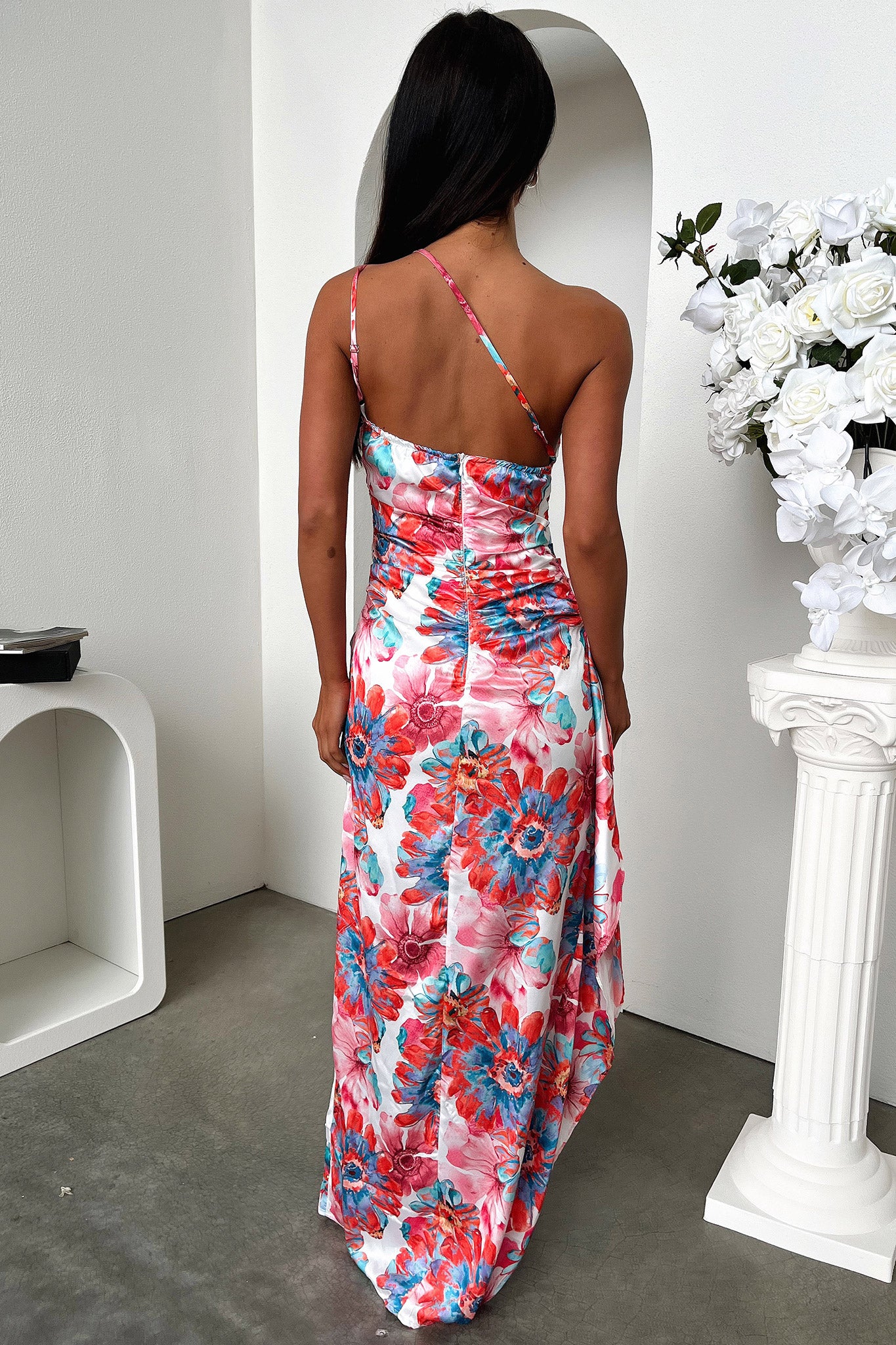 Elianna One Shoulder Satin Maxi Dress - Pink Floral - Image 3