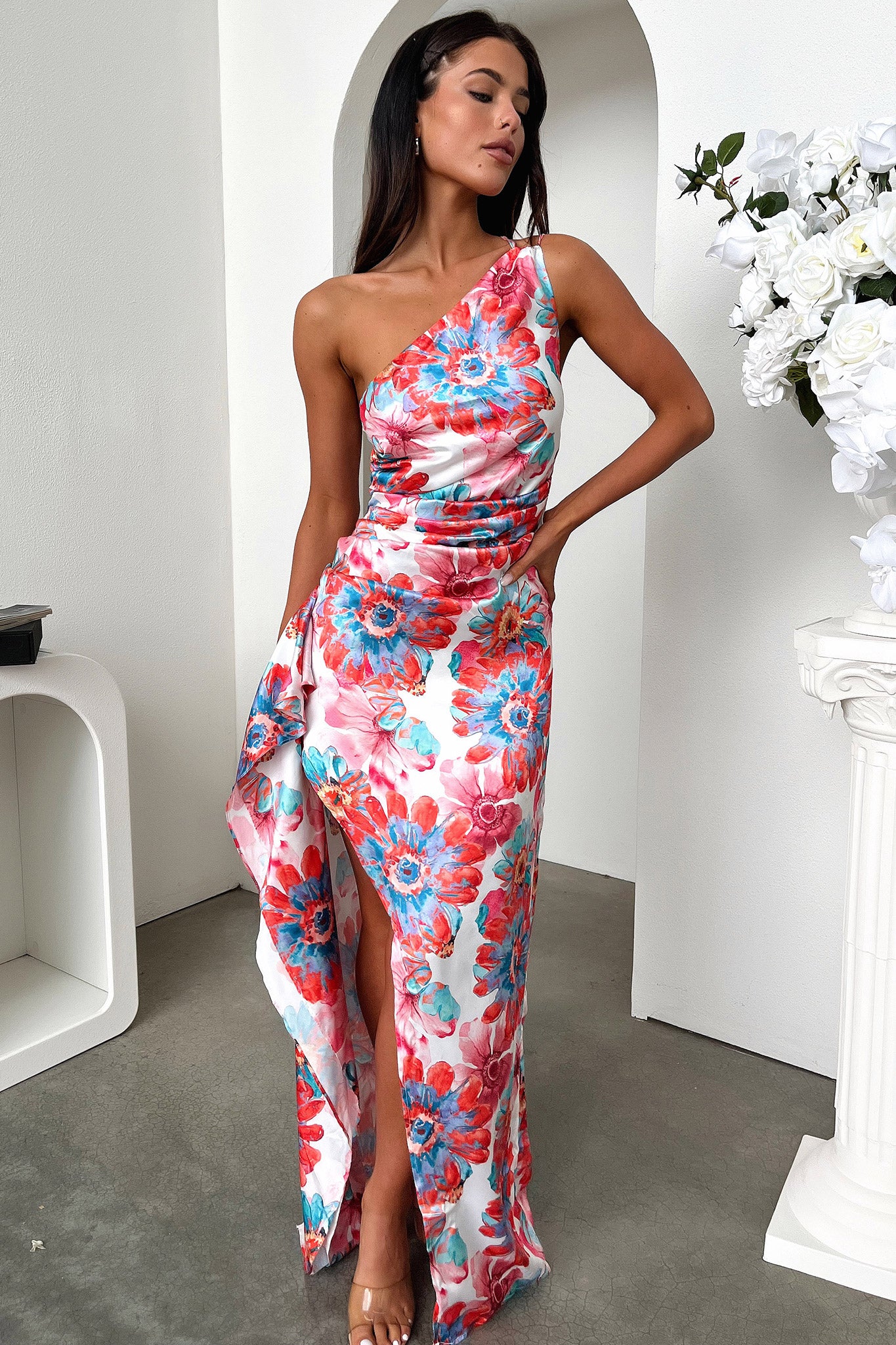 Elianna One Shoulder Satin Maxi Dress - Pink Floral - Image 4