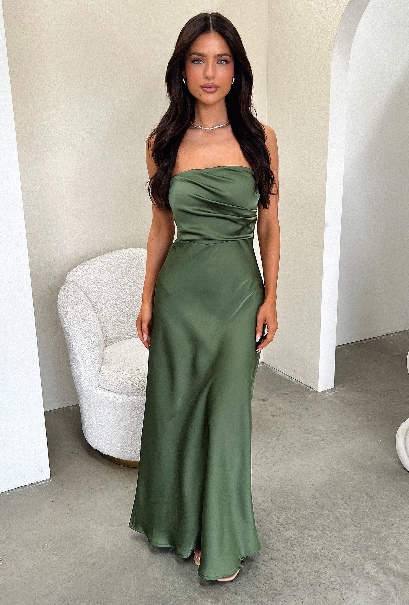 Elio Strapless Satin Maxi Dress - Olive - Image 2