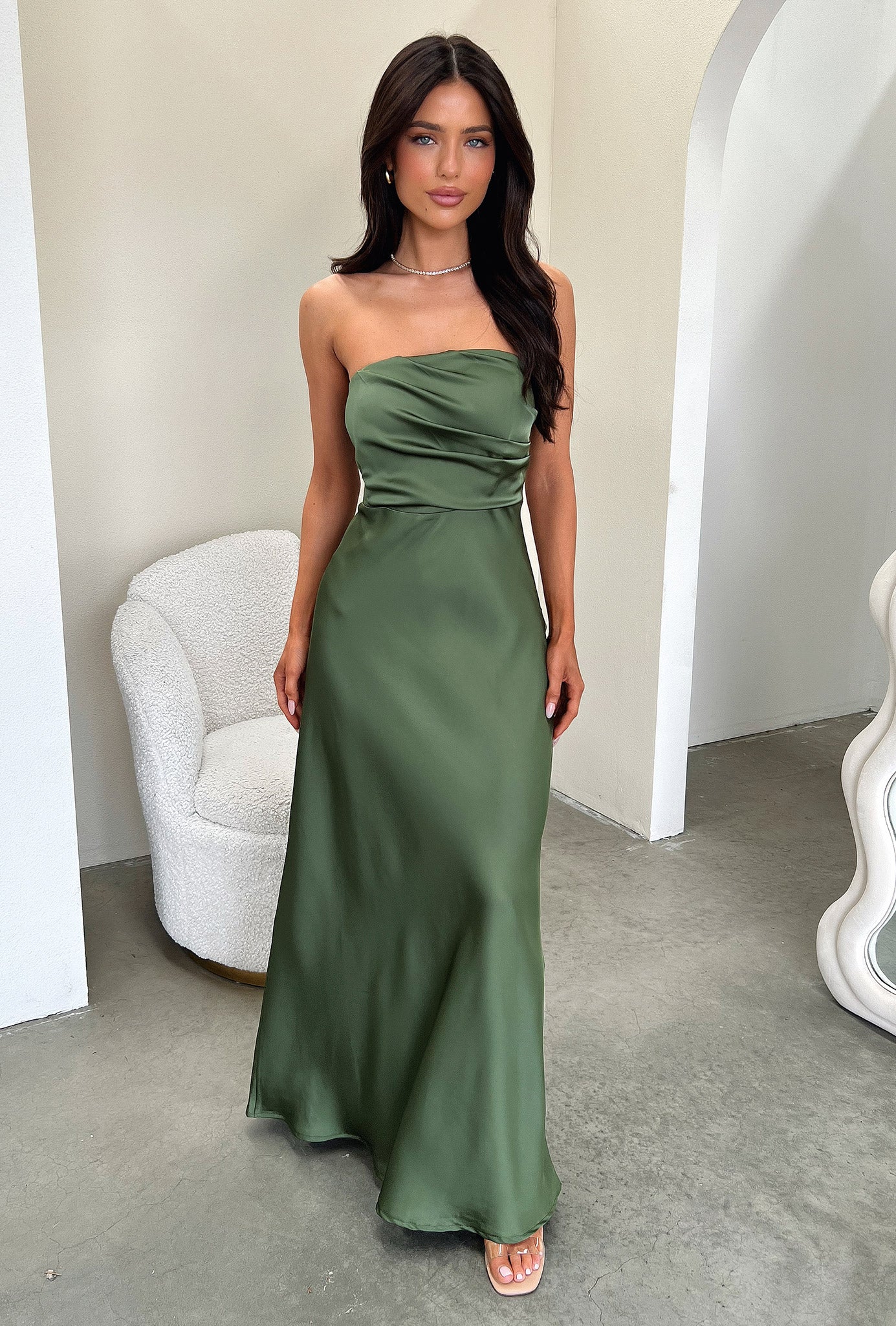 Elio Strapless Satin Maxi Dress - Olive - Image 3