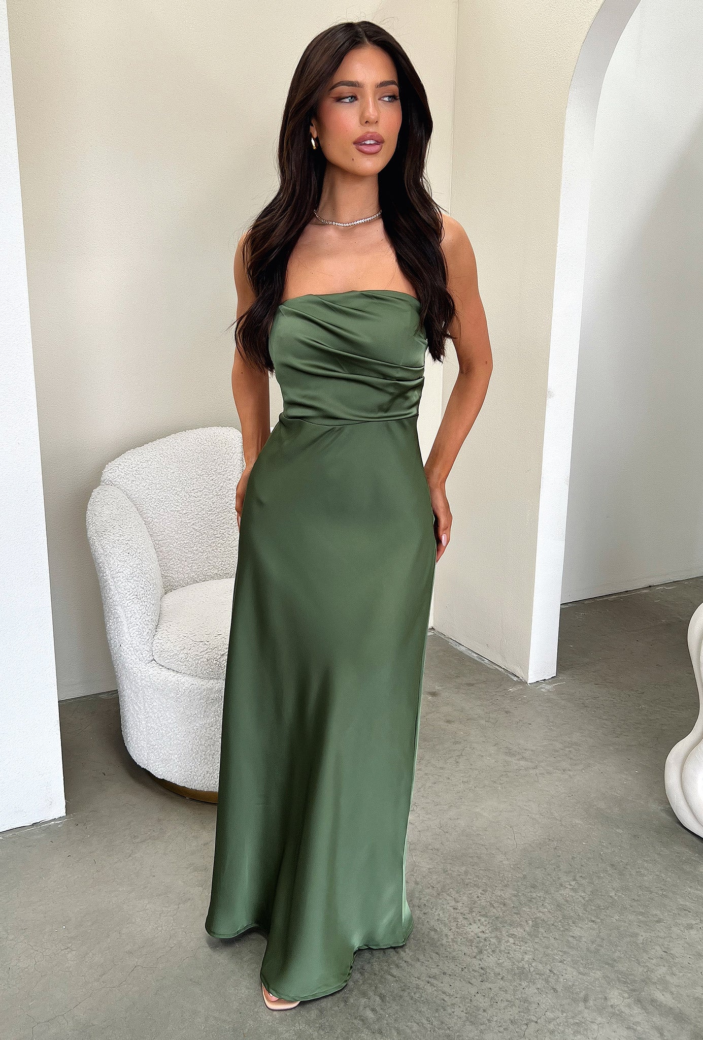 Elio Strapless Satin Maxi Dress - Olive - Image 4