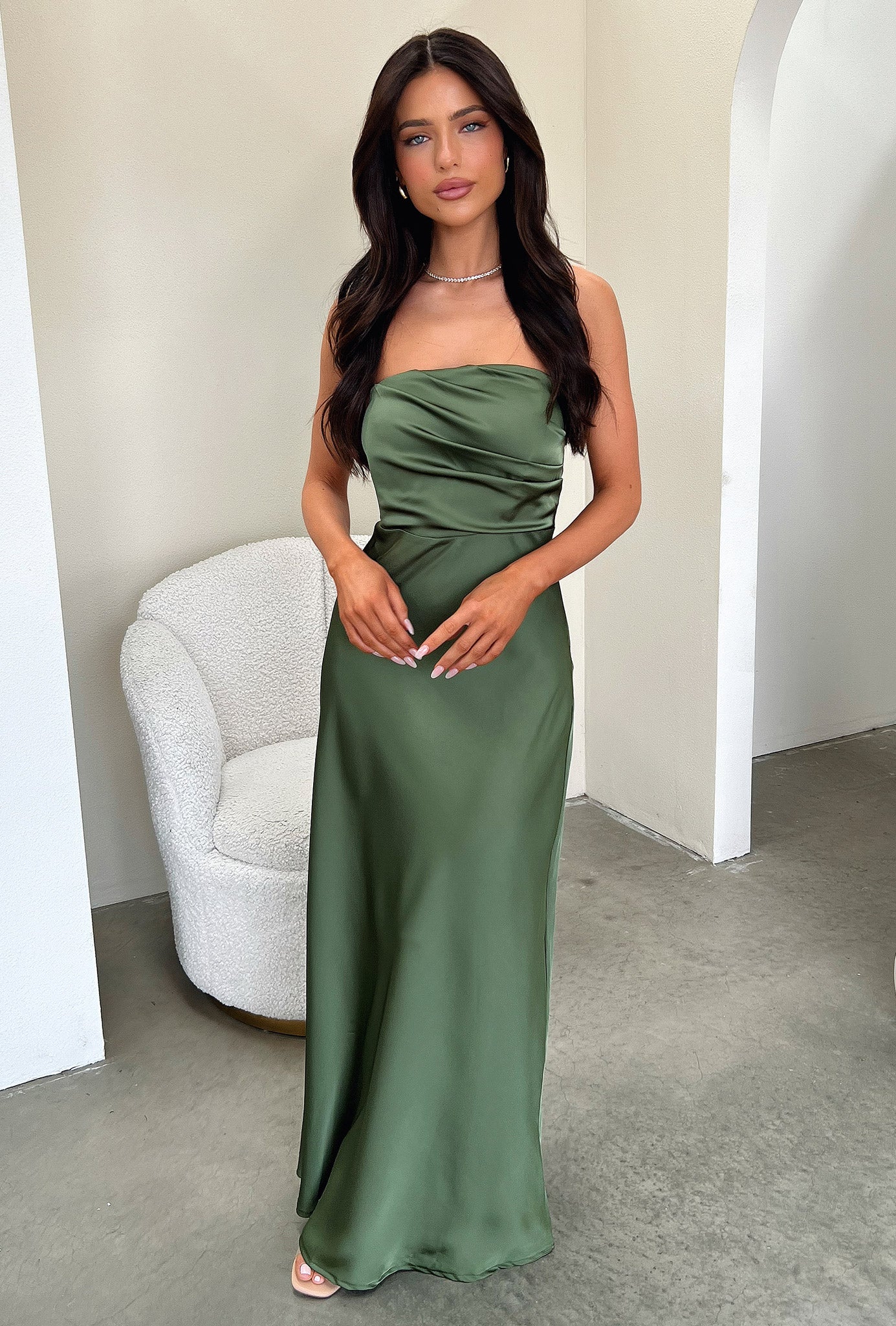 Elio Strapless Satin Maxi Dress - Olive - Image 5