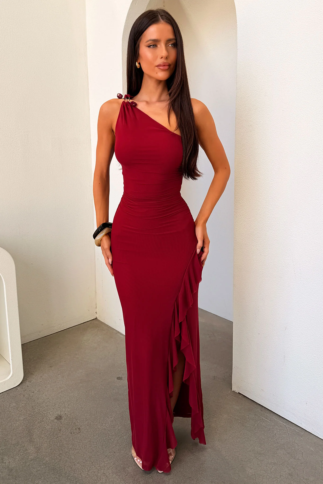 Floretta One-Shoulder Maxi Dress - Burgundy - Image 4
