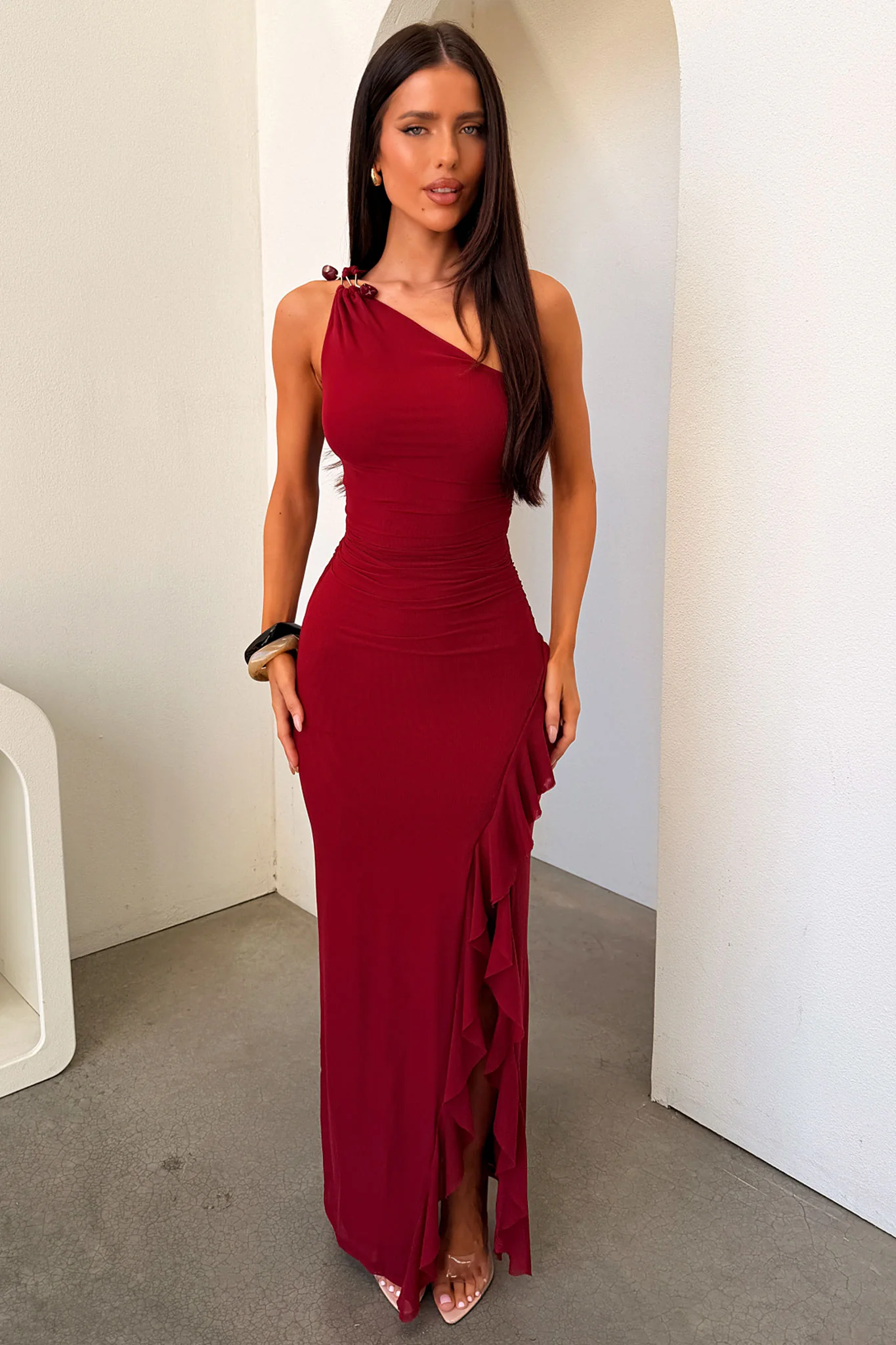 Floretta One-Shoulder Maxi Dress - Burgundy - Image 5