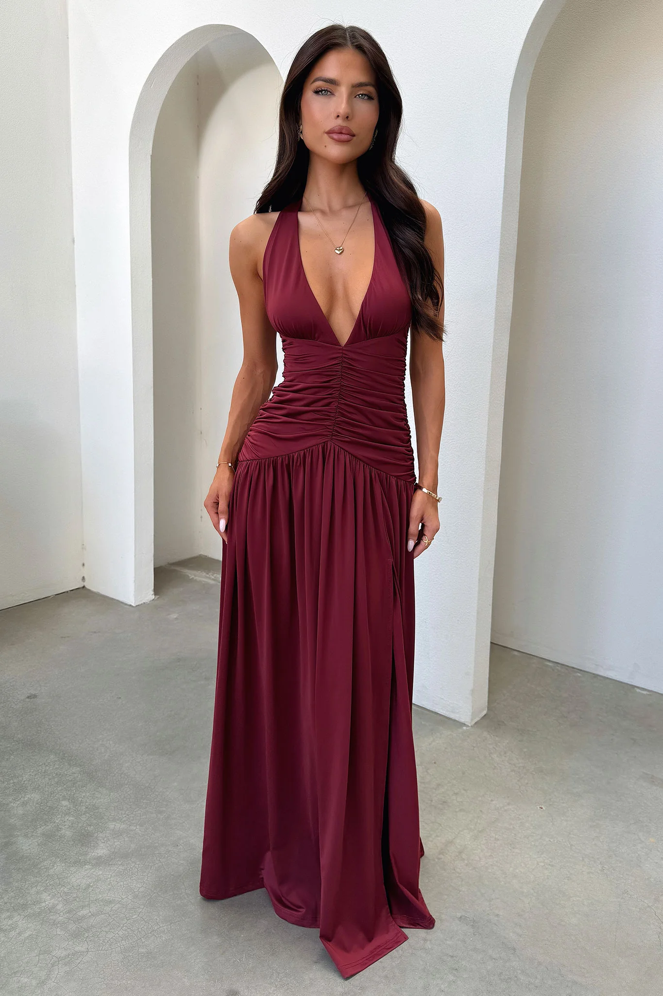 Ginevra Ruched Halter Maxi Dress - Burgundy - Image 3