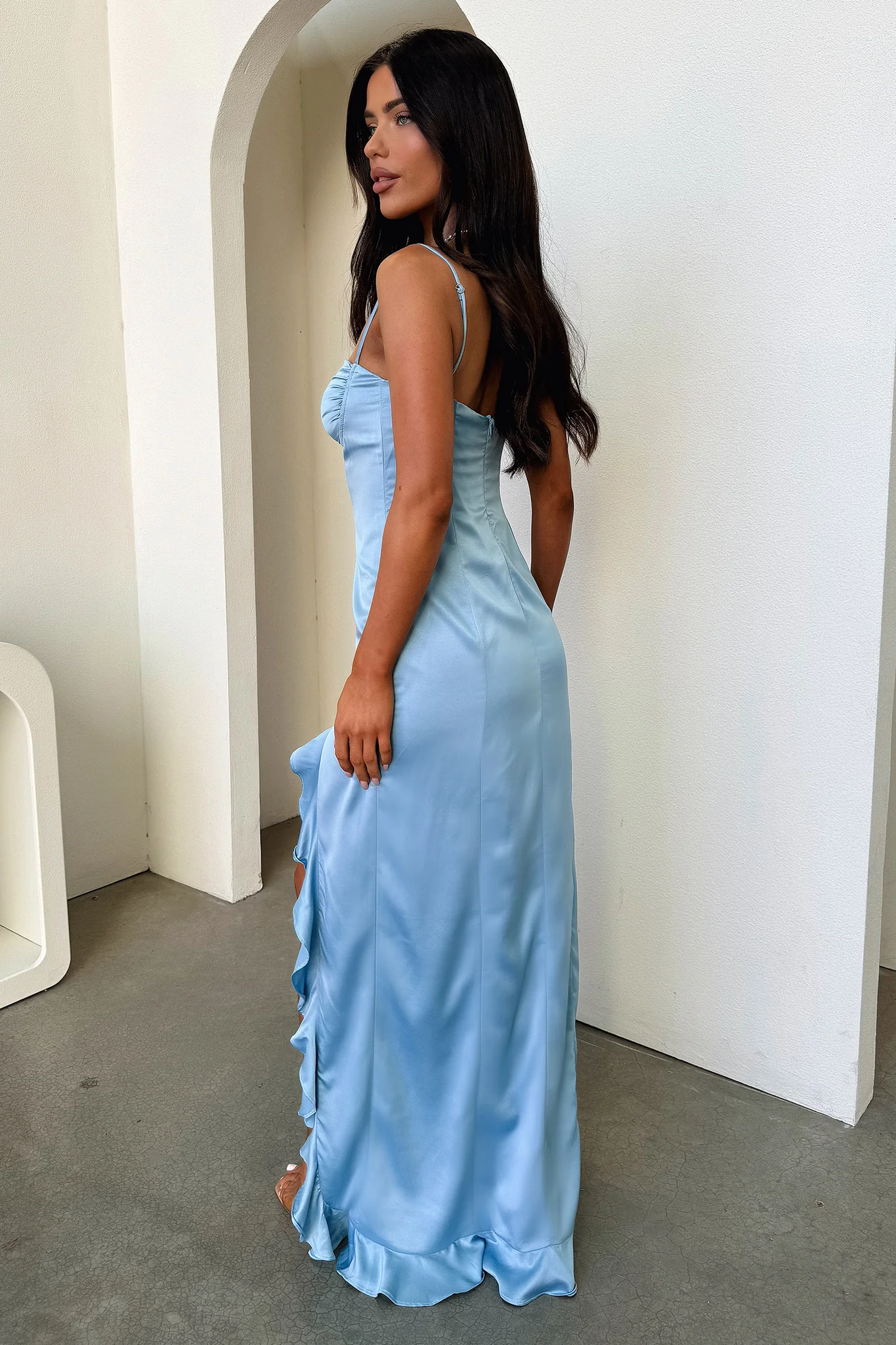 Lauren Ruffle Trim Satin Maxi Dress - Blue - Image 5