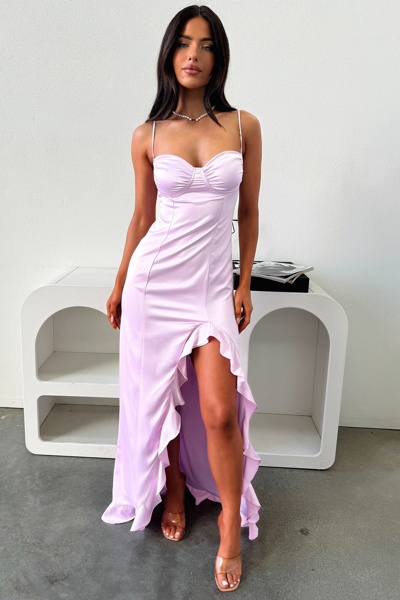 Lauren Ruffle Trim Satin Maxi Dress - Lilac - Image 4