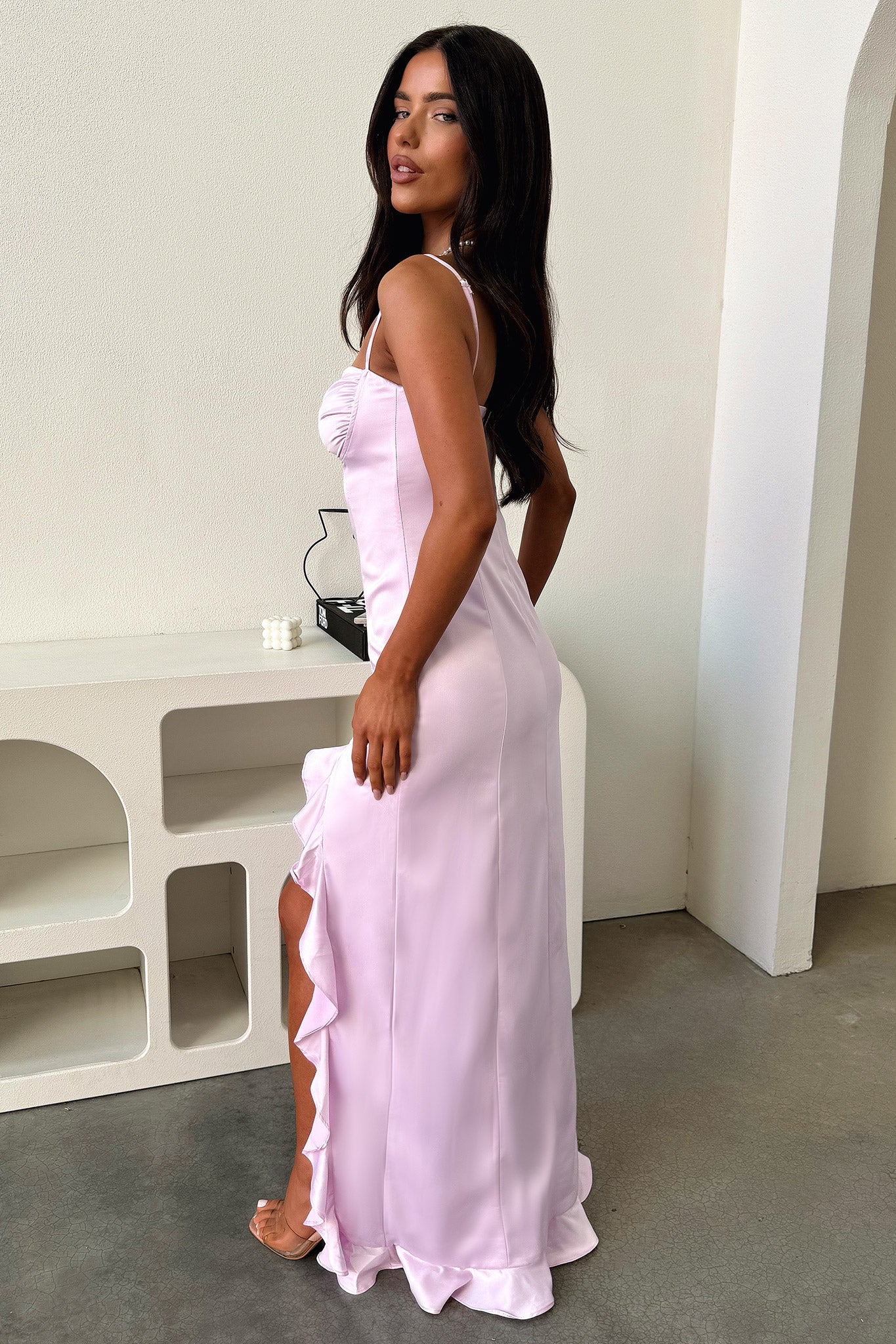Lauren Ruffle Trim Satin Maxi Dress - Lilac - Image 6