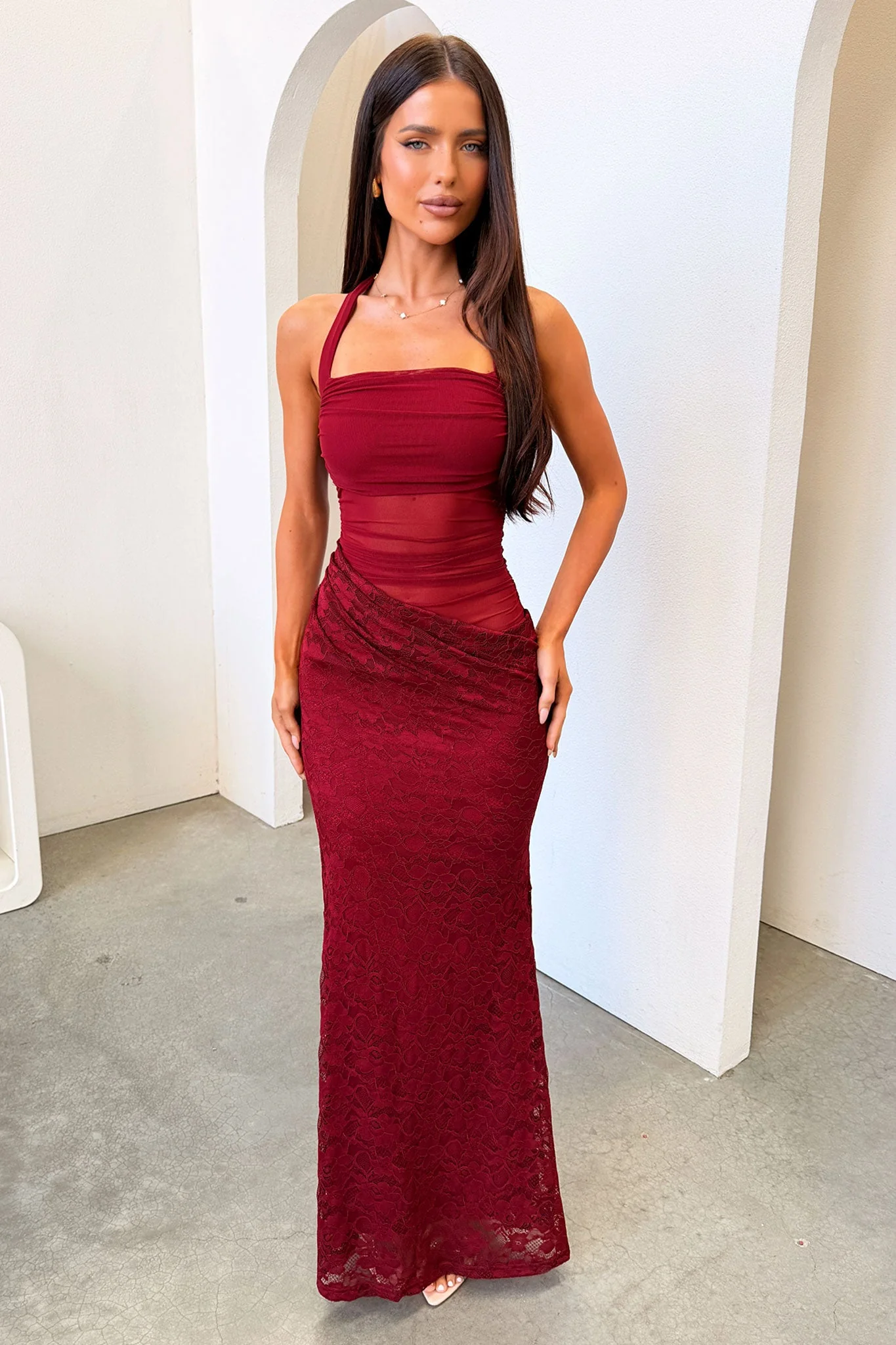 Liora Lace Halter Neck Maxi Dress - Burgundy - Image 2