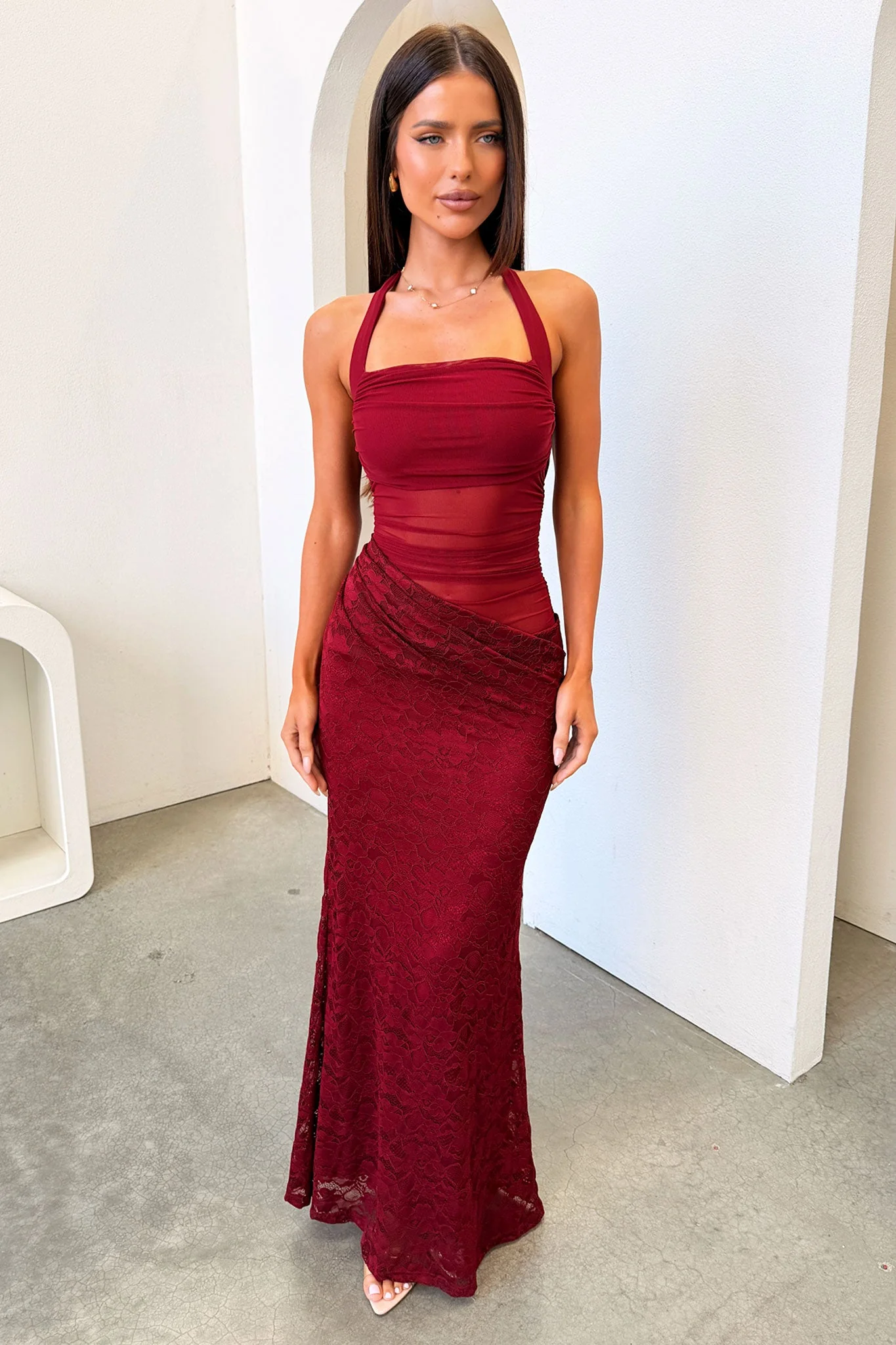 Liora Lace Halter Neck Maxi Dress - Burgundy - Image 4