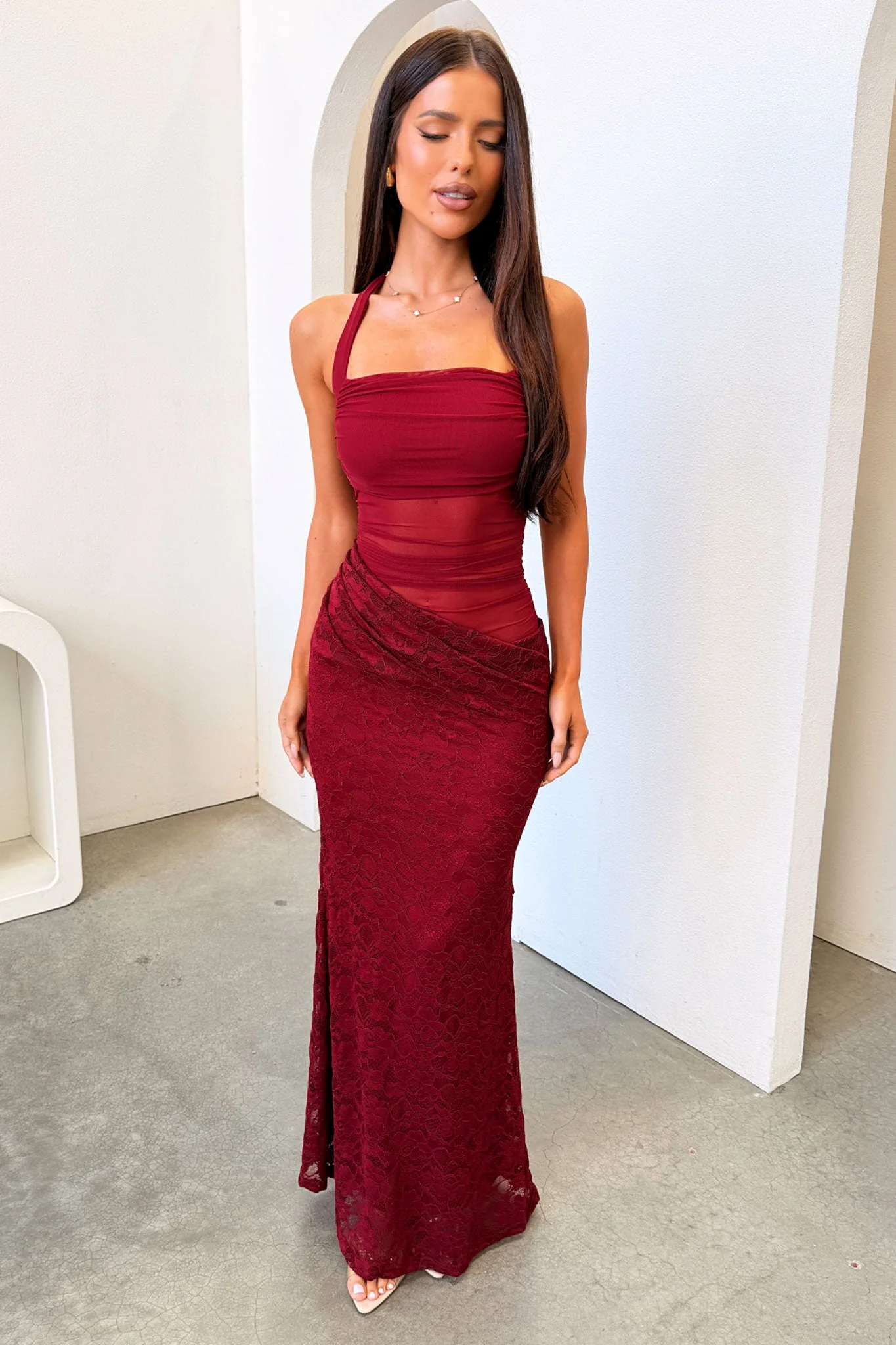 Liora Lace Halter Neck Maxi Dress - Burgundy - Image 5