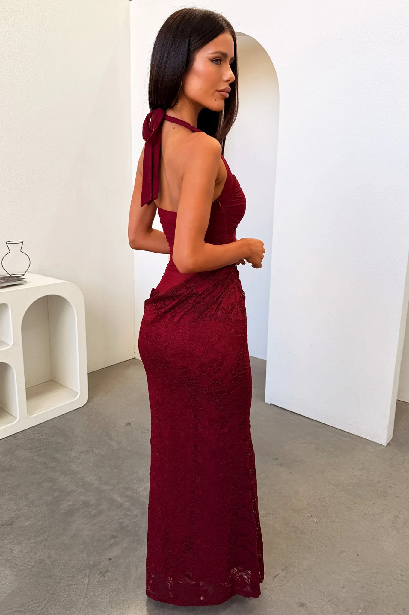 Liora Lace Halter Neck Maxi Dress - Burgundy - Image 6