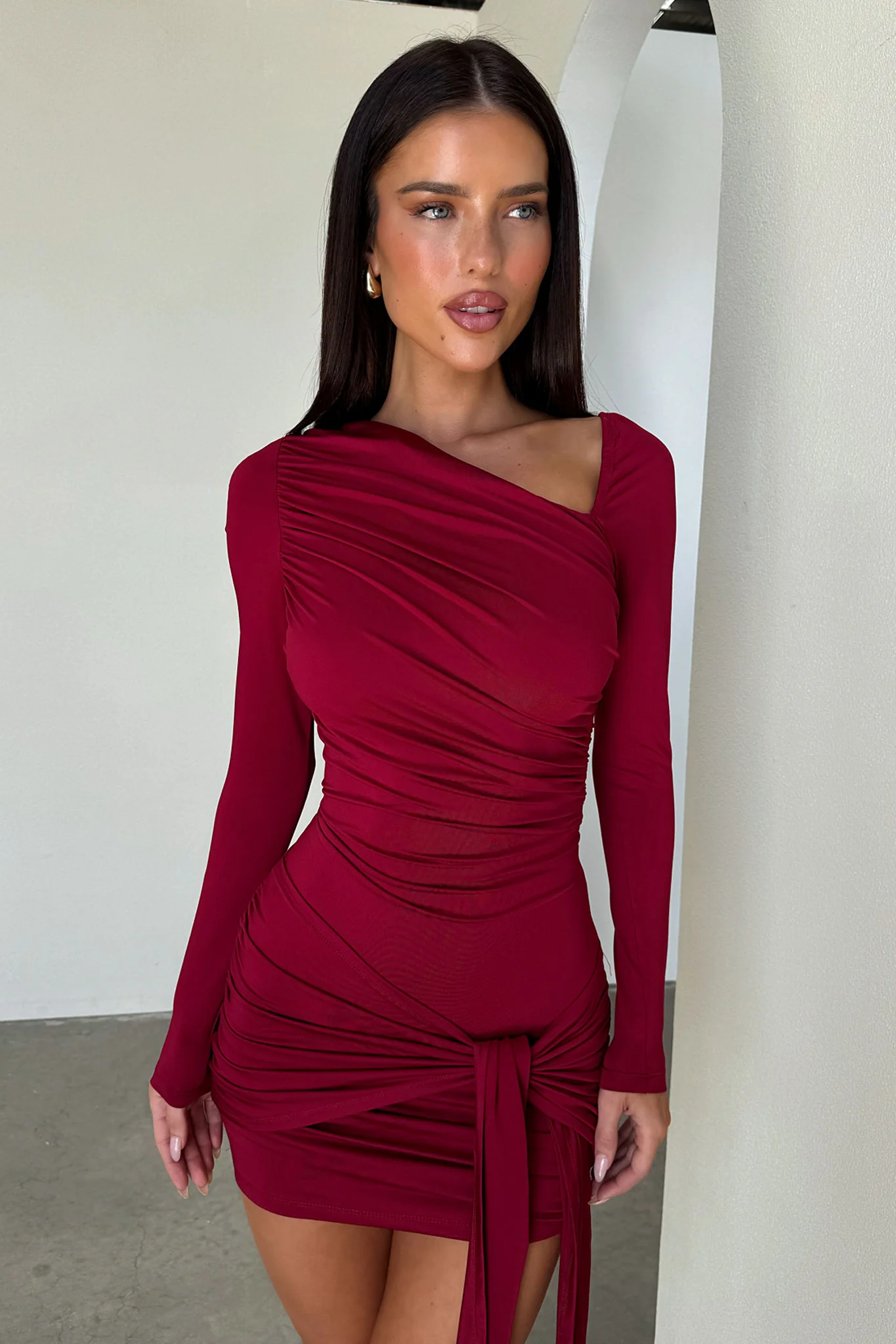 Mabel Long Sleeve Wrap Mini Dress - Burgundy - Image 3