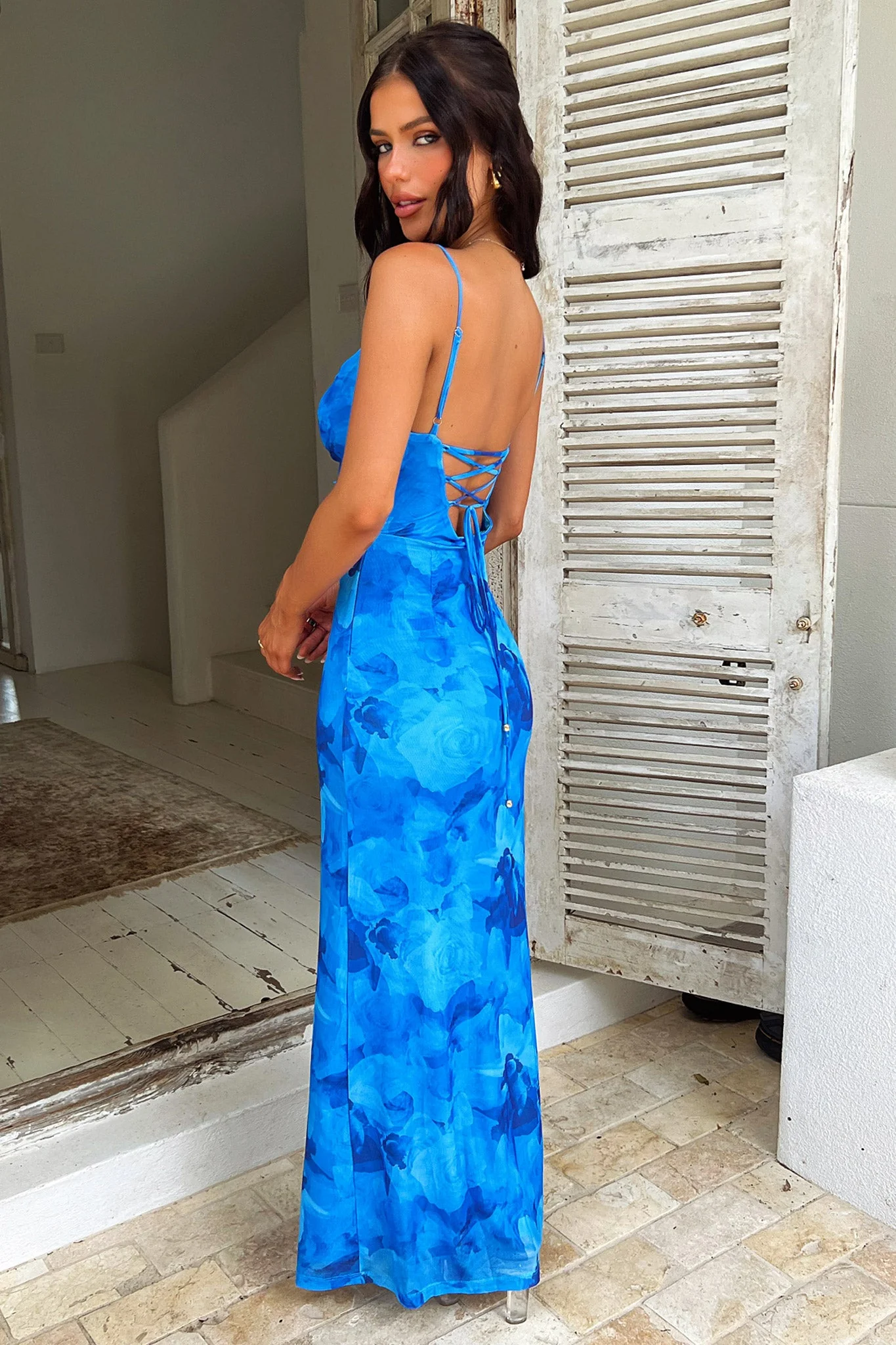 Nadine Lace-Up Back Maxi Dress - Blue Floral - Image 5