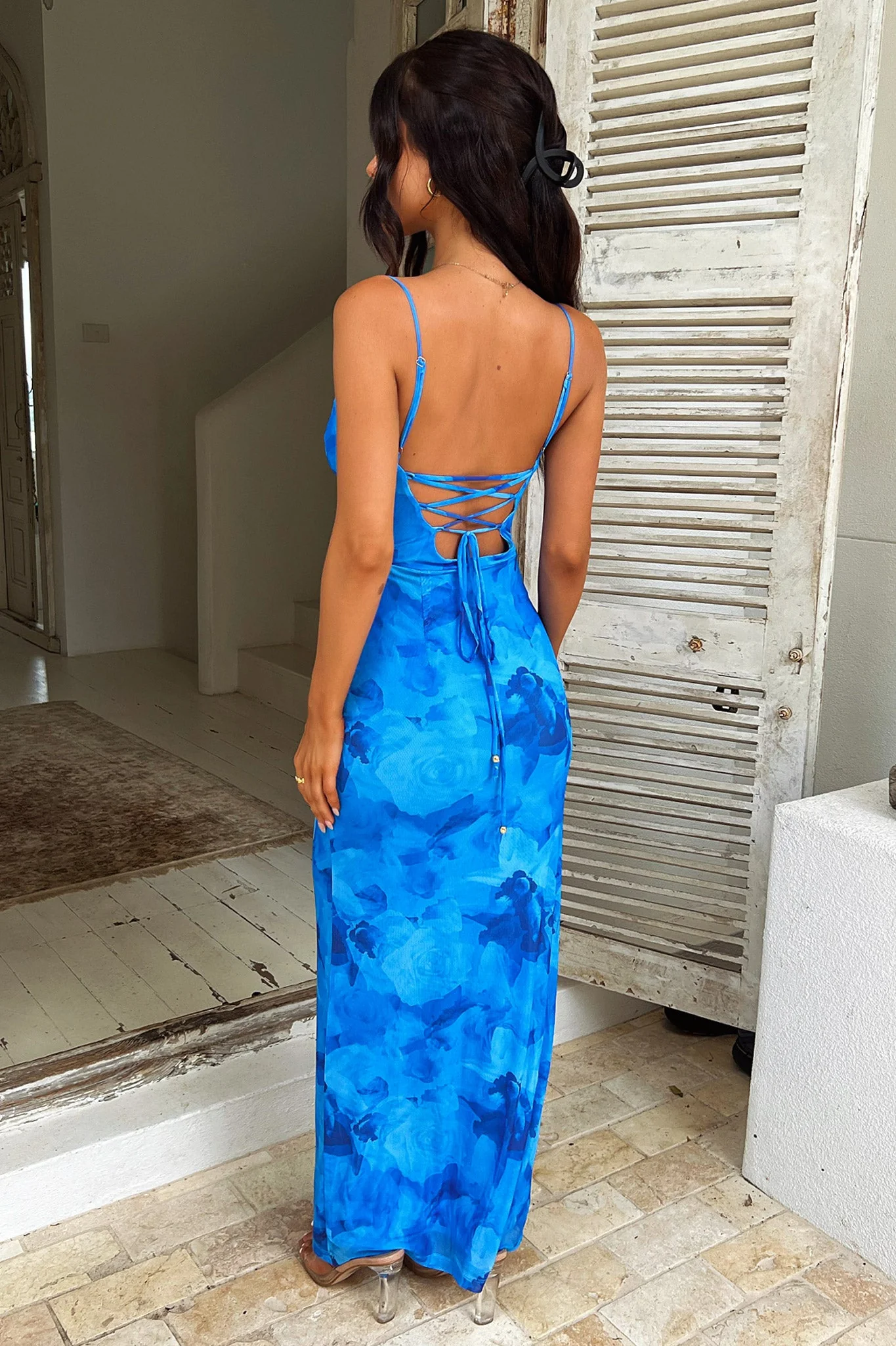 Nadine Lace-Up Back Maxi Dress - Blue Floral - Image 6