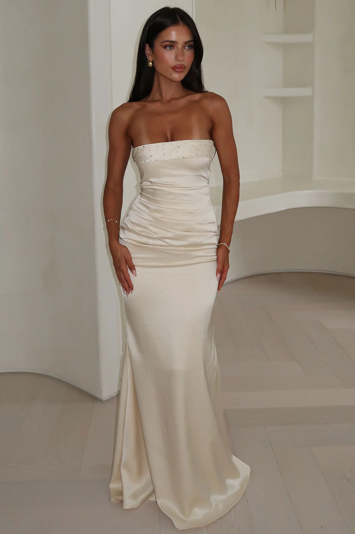Ophelia Strapless Embellished Satin Maxi Dress - Champagne - Image 4