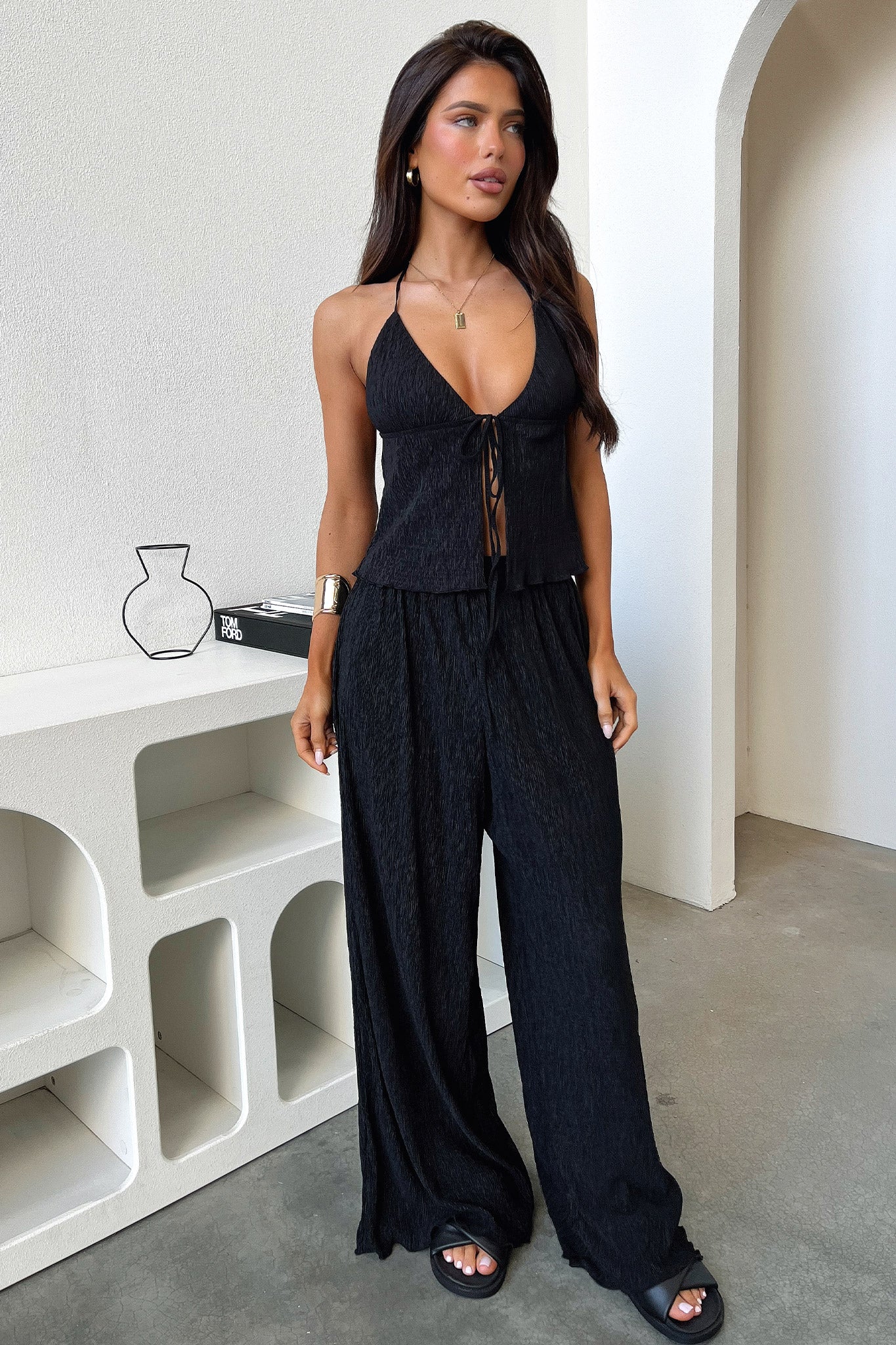 Prisha Wide Leg Plisse Pants - Black - Image 5