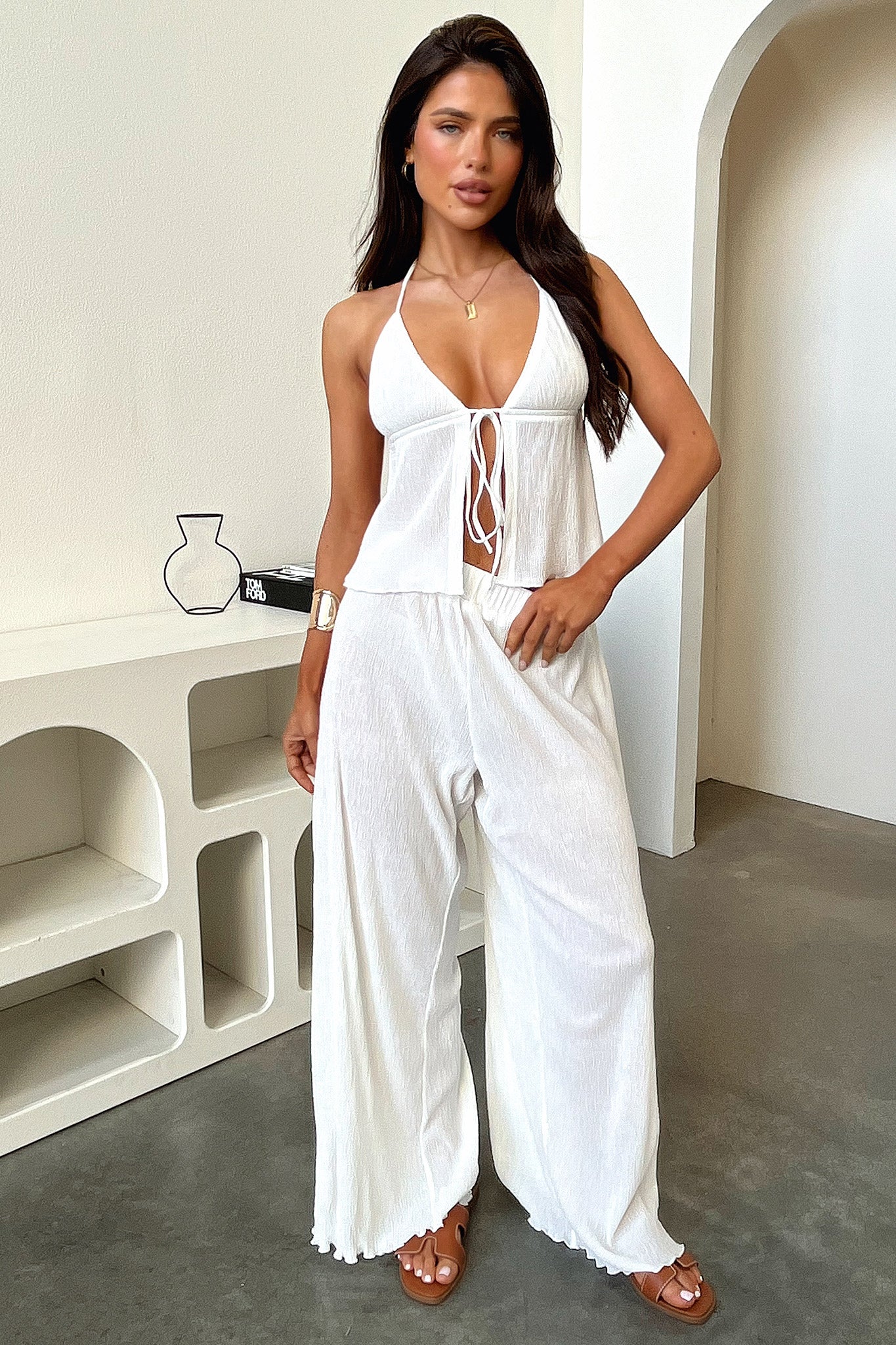Prisha Wide Leg Plisse Pants - Cream - Image 3