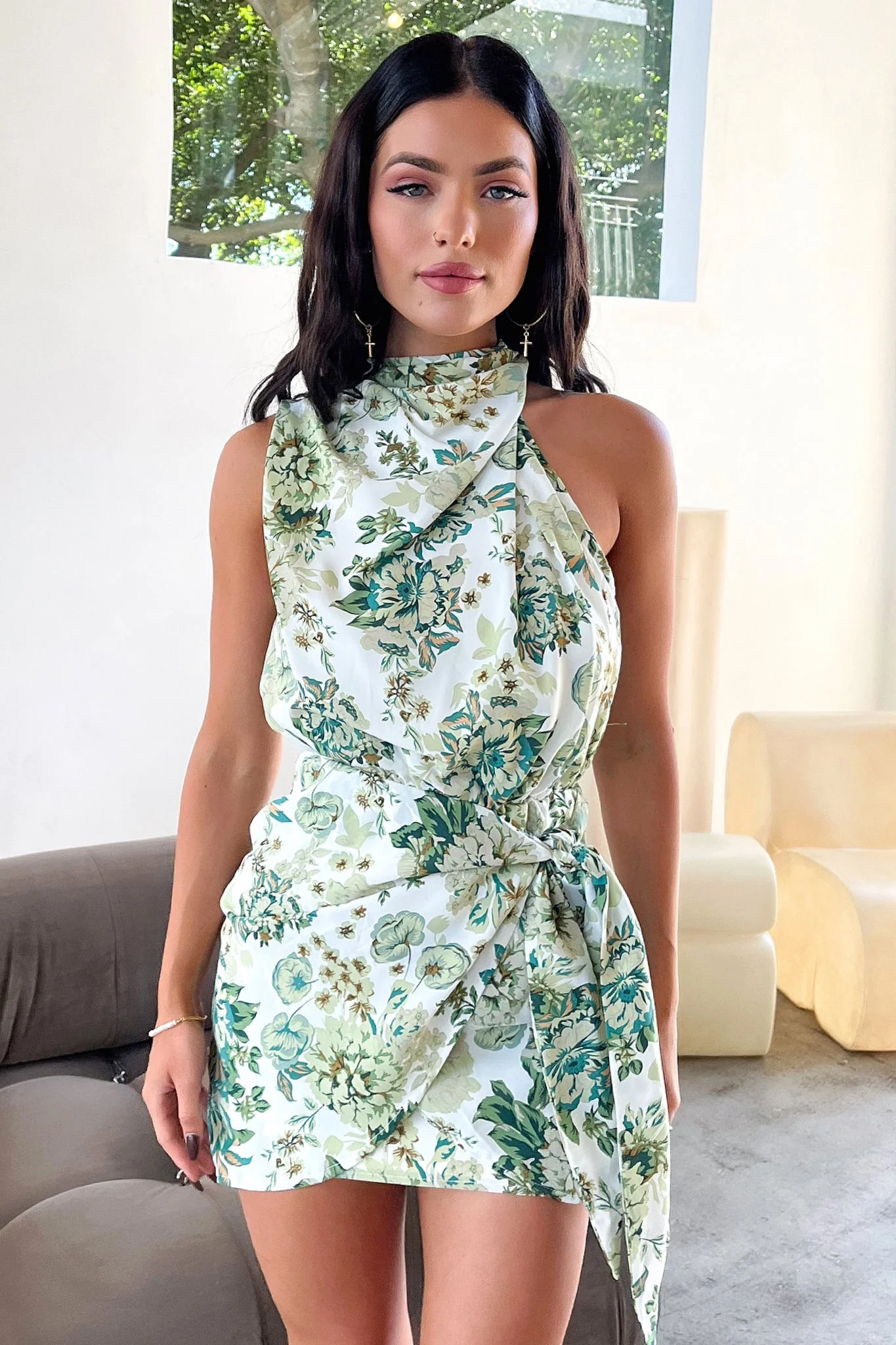 Santorini Mini Dress - Green Floral - Image 4