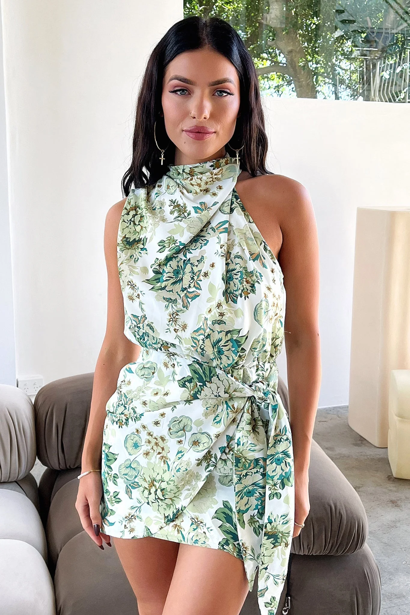 Santorini Mini Dress - Green Floral - Image 5
