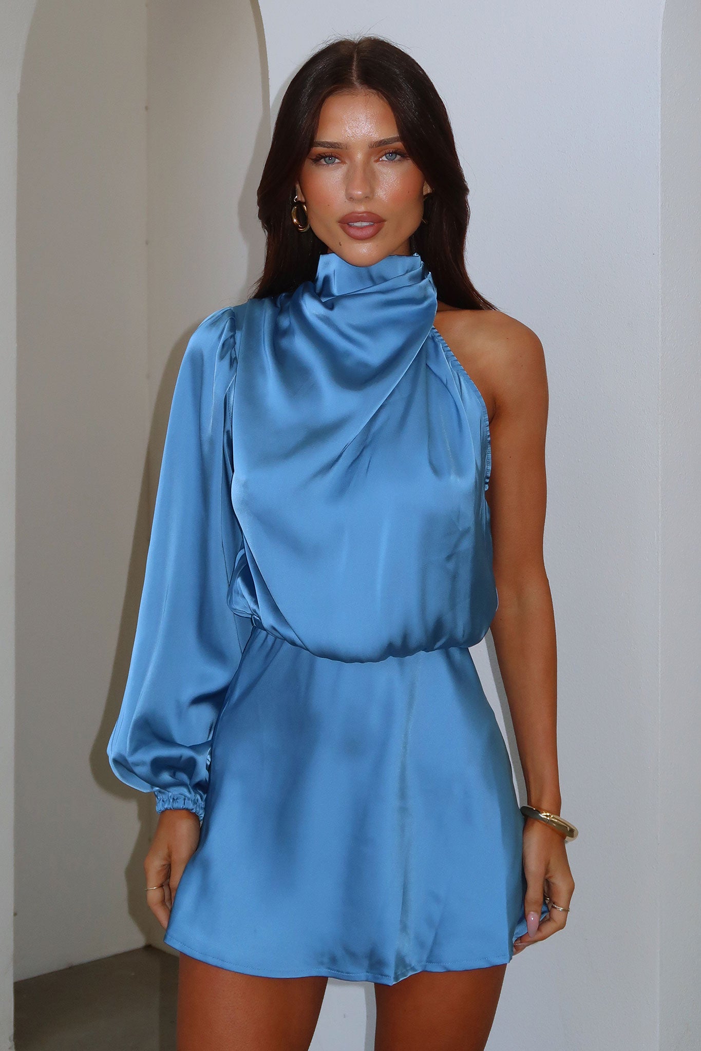 Santorini One Shoulder Dress - Blue - Image 2