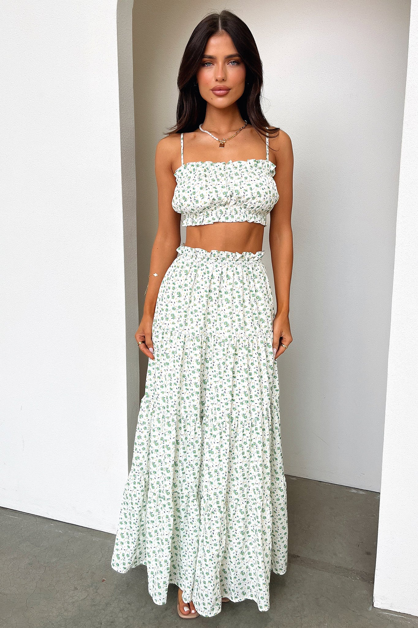 Selina Tiered Maxi Skirt - Green Floral - Image 4