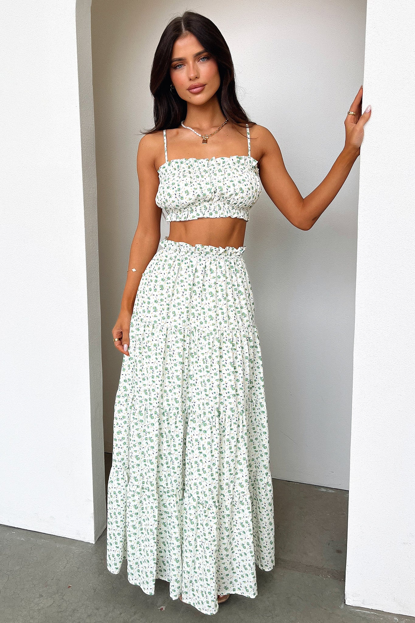 Selina Tiered Maxi Skirt - Green Floral - Image 6