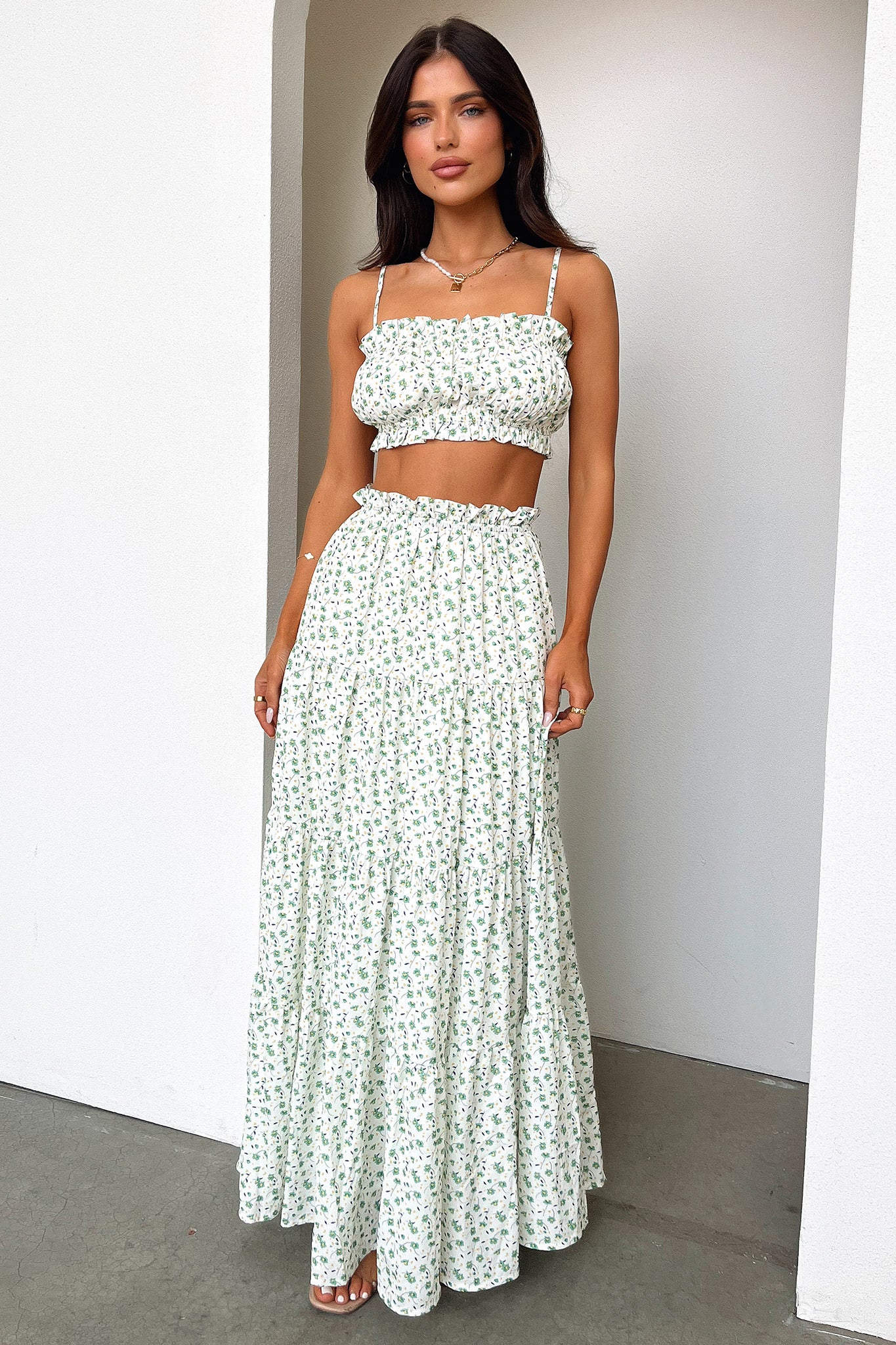 Selina Tiered Maxi Skirt - Green Floral - Image 7