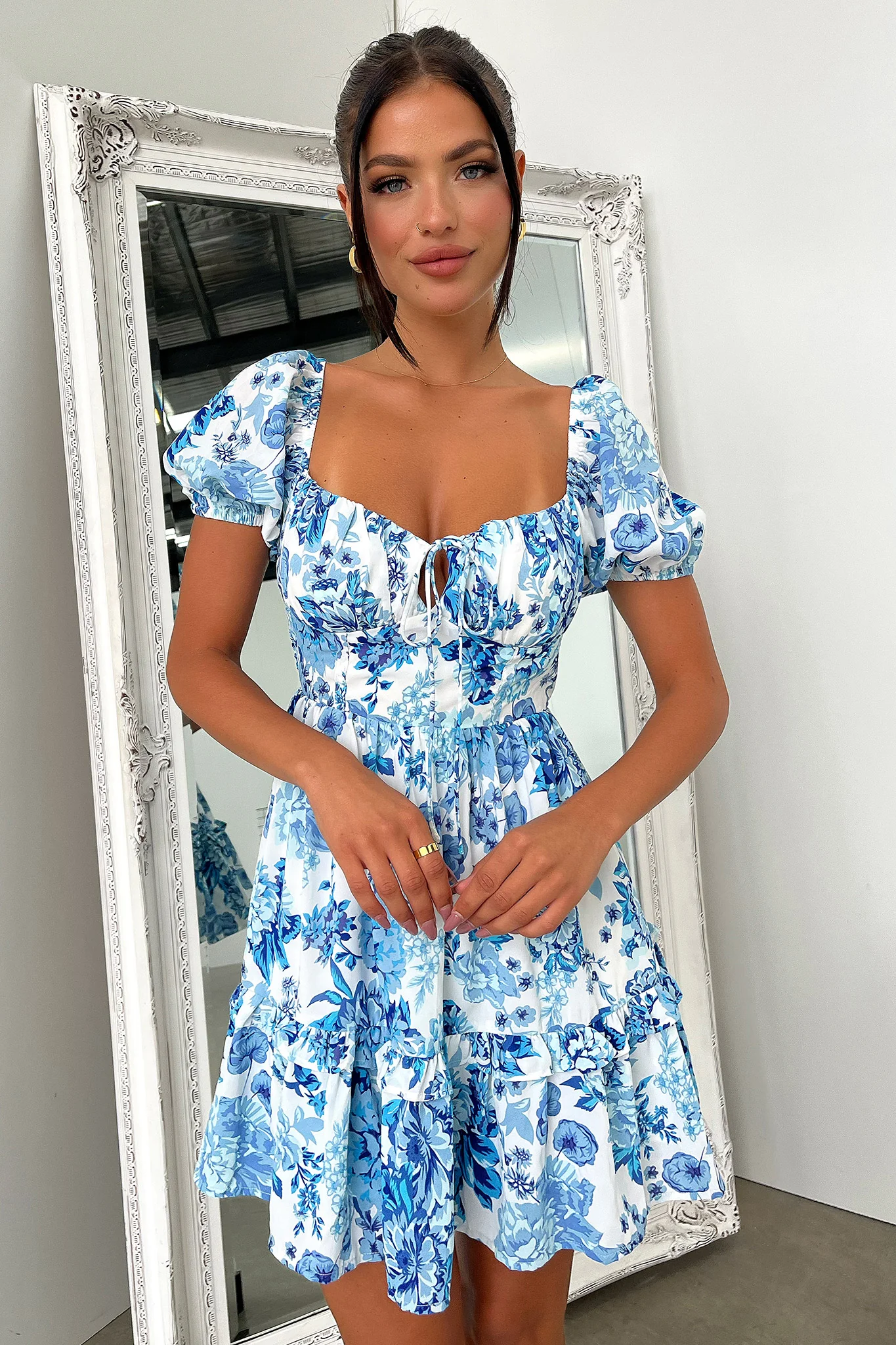 Taleah Puff Sleeve Mini Dress - Blue Floral - Image 3