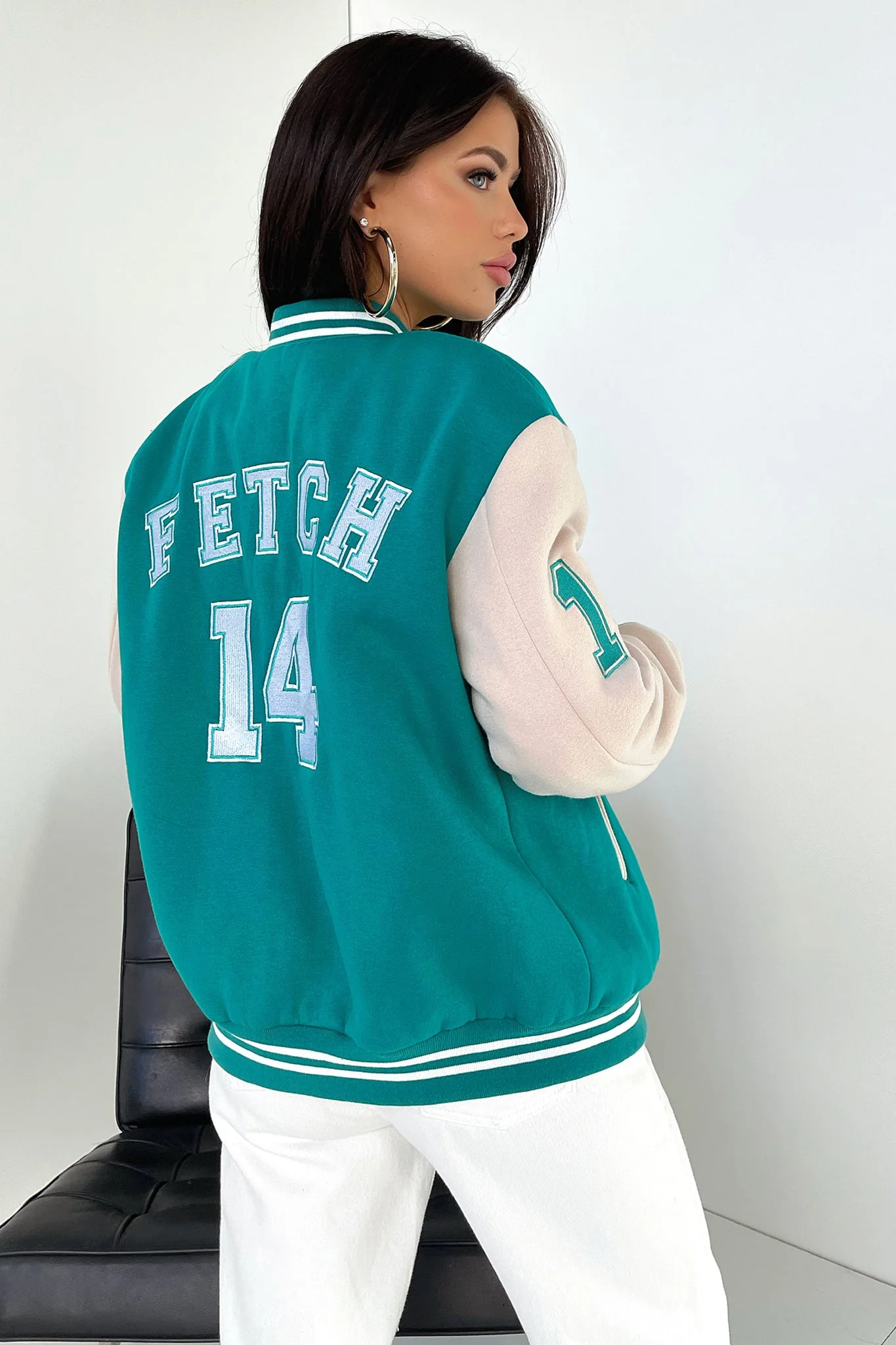 Varsity Oversized Jacket - Teal / Beige - Image 13
