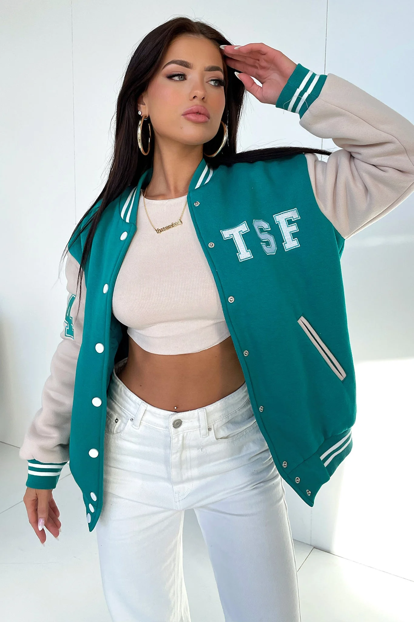 Varsity Oversized Jacket - Teal / Beige - Image 2