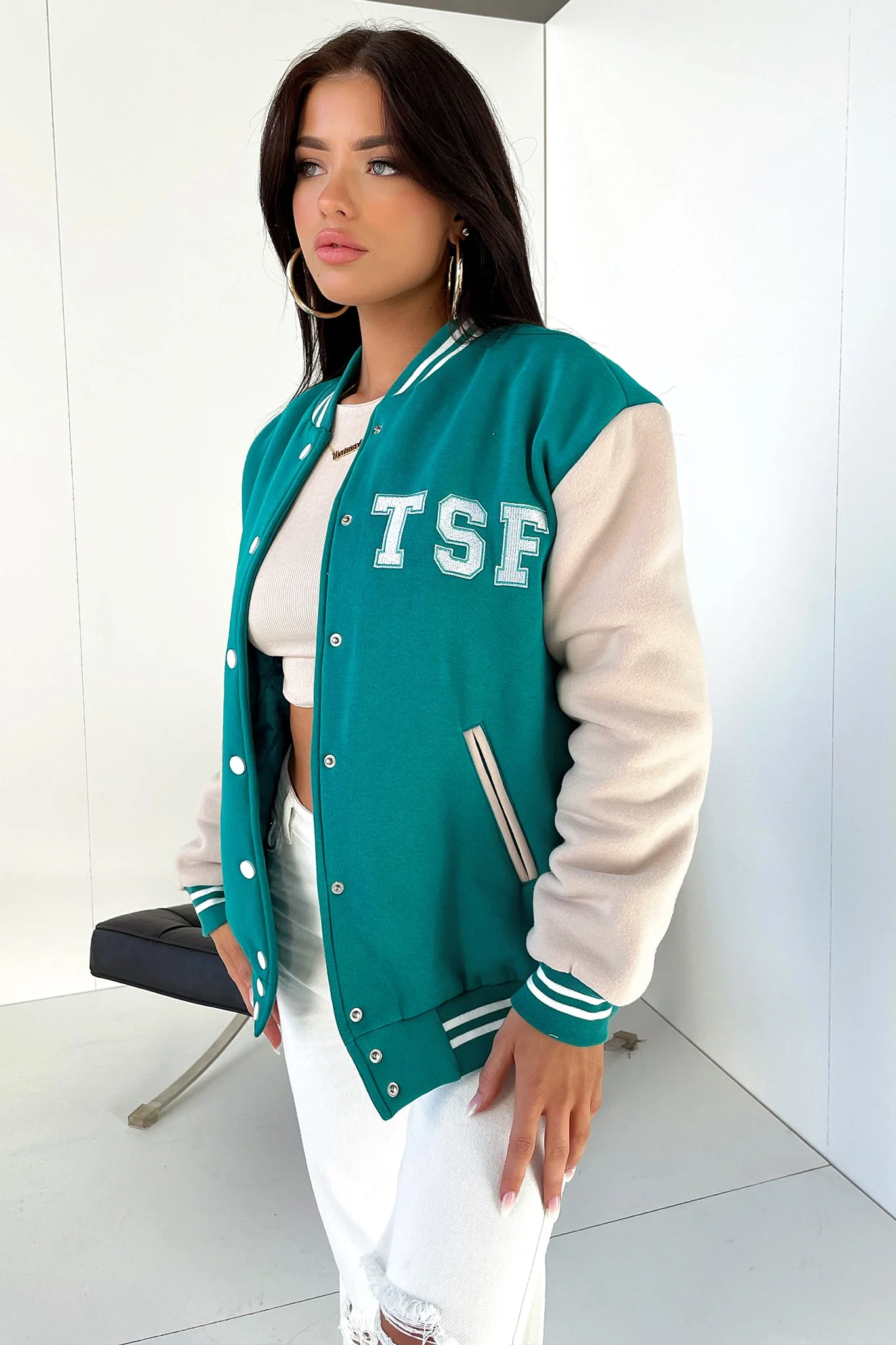 Varsity Oversized Jacket - Teal / Beige - Image 5