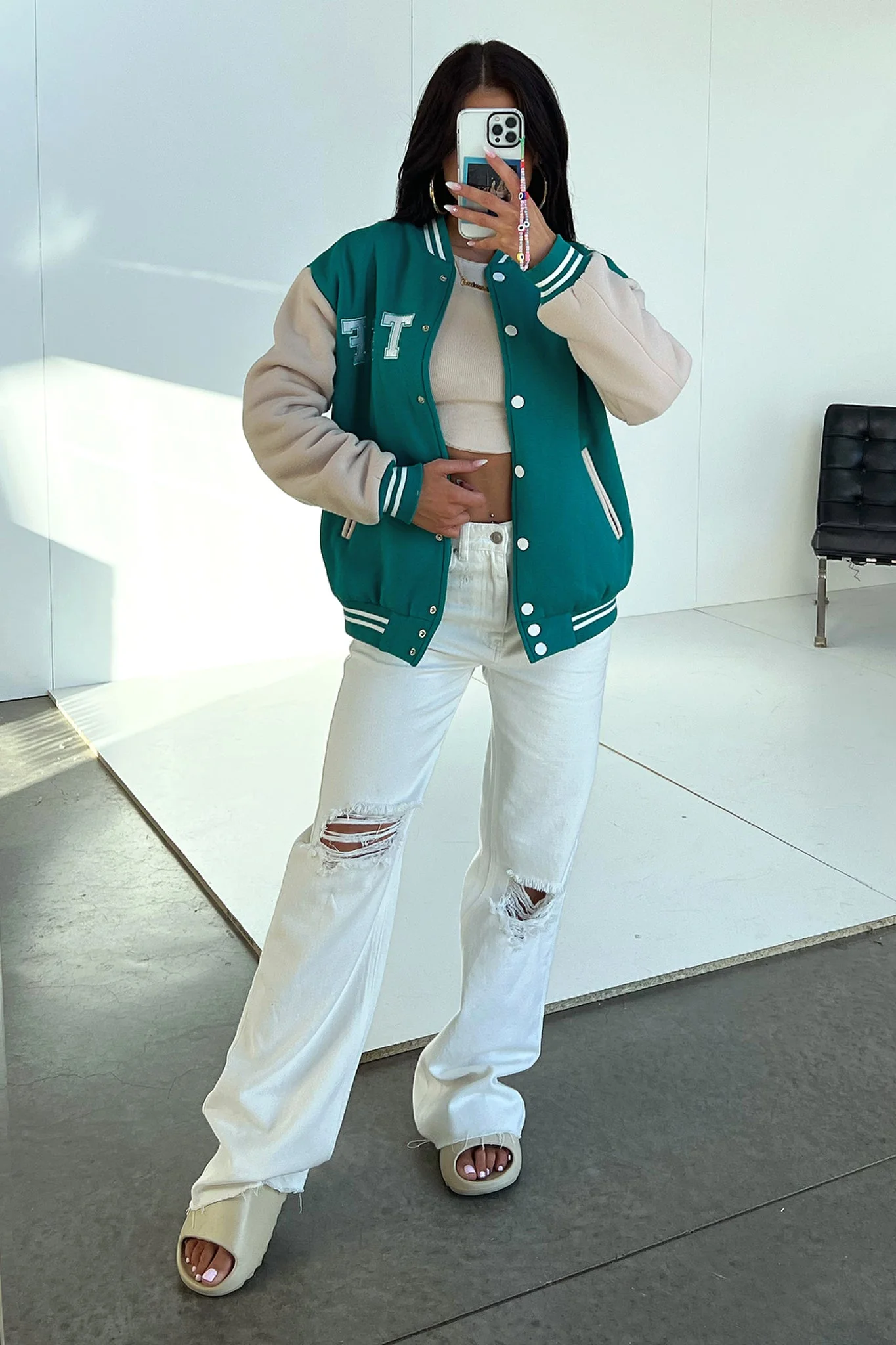 Varsity Oversized Jacket - Teal / Beige - Image 7