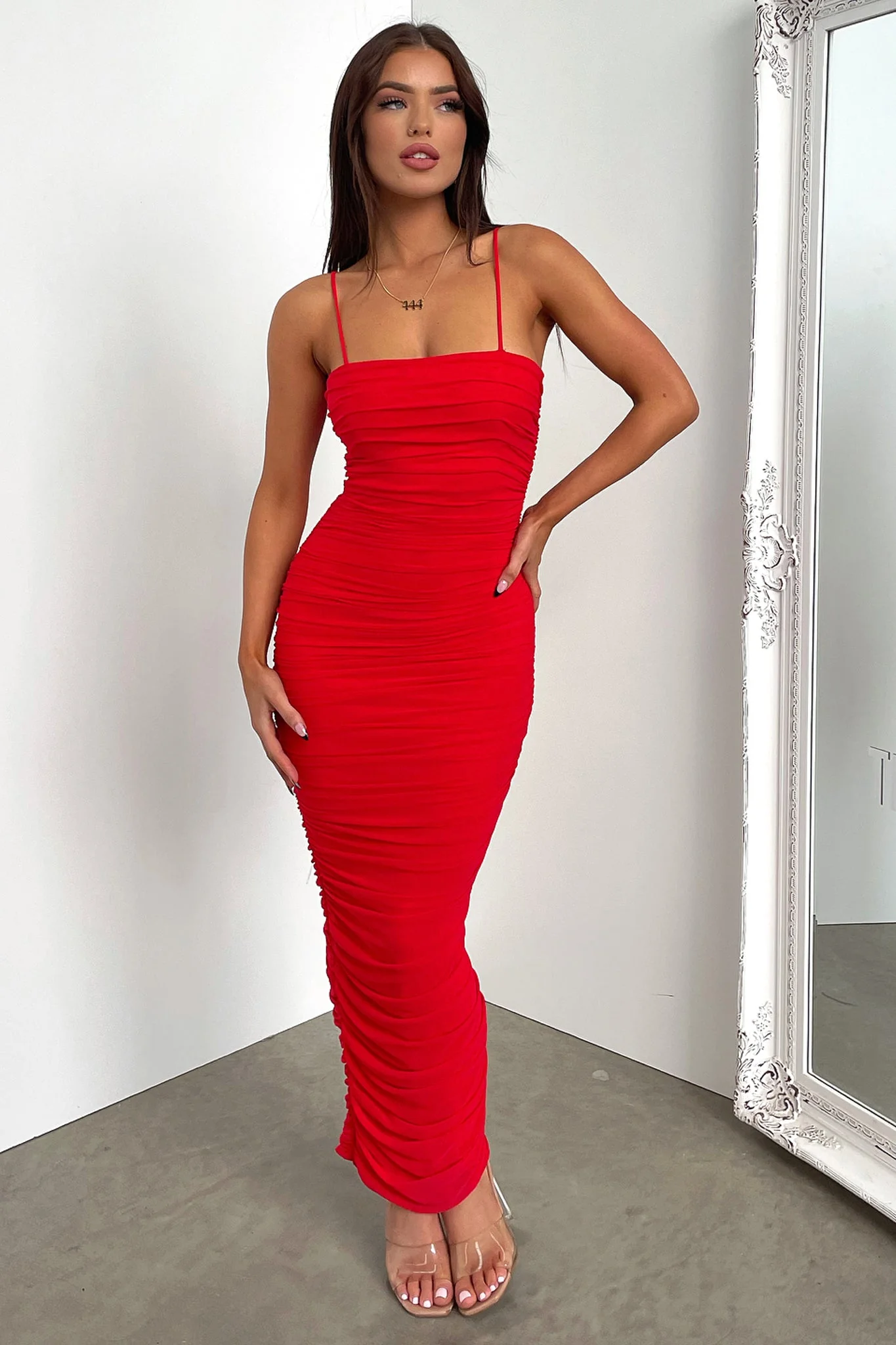 Zena Mesh Full Length Dress - Red - Image 3