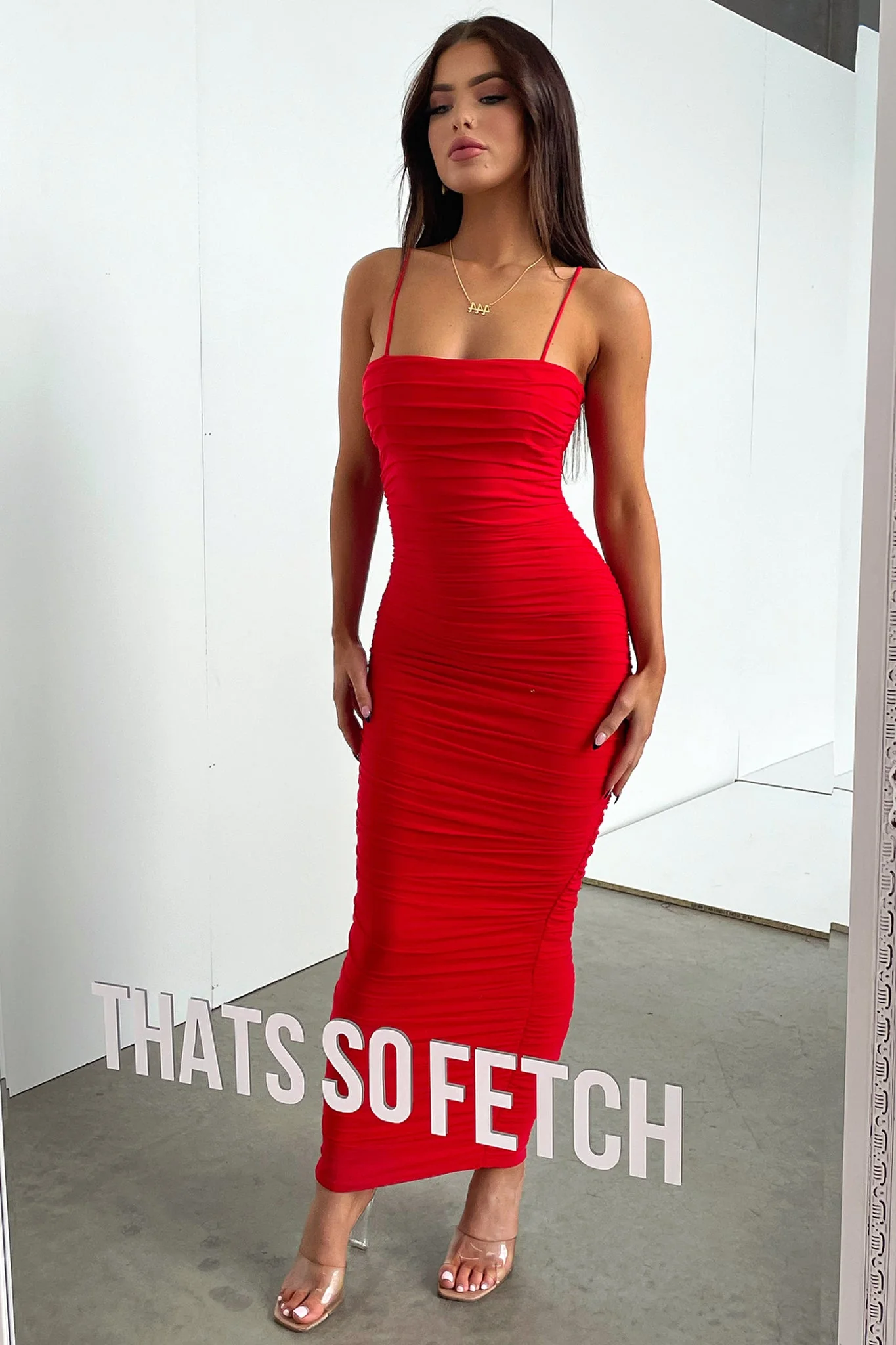 Zena Mesh Full Length Dress - Red - Image 5